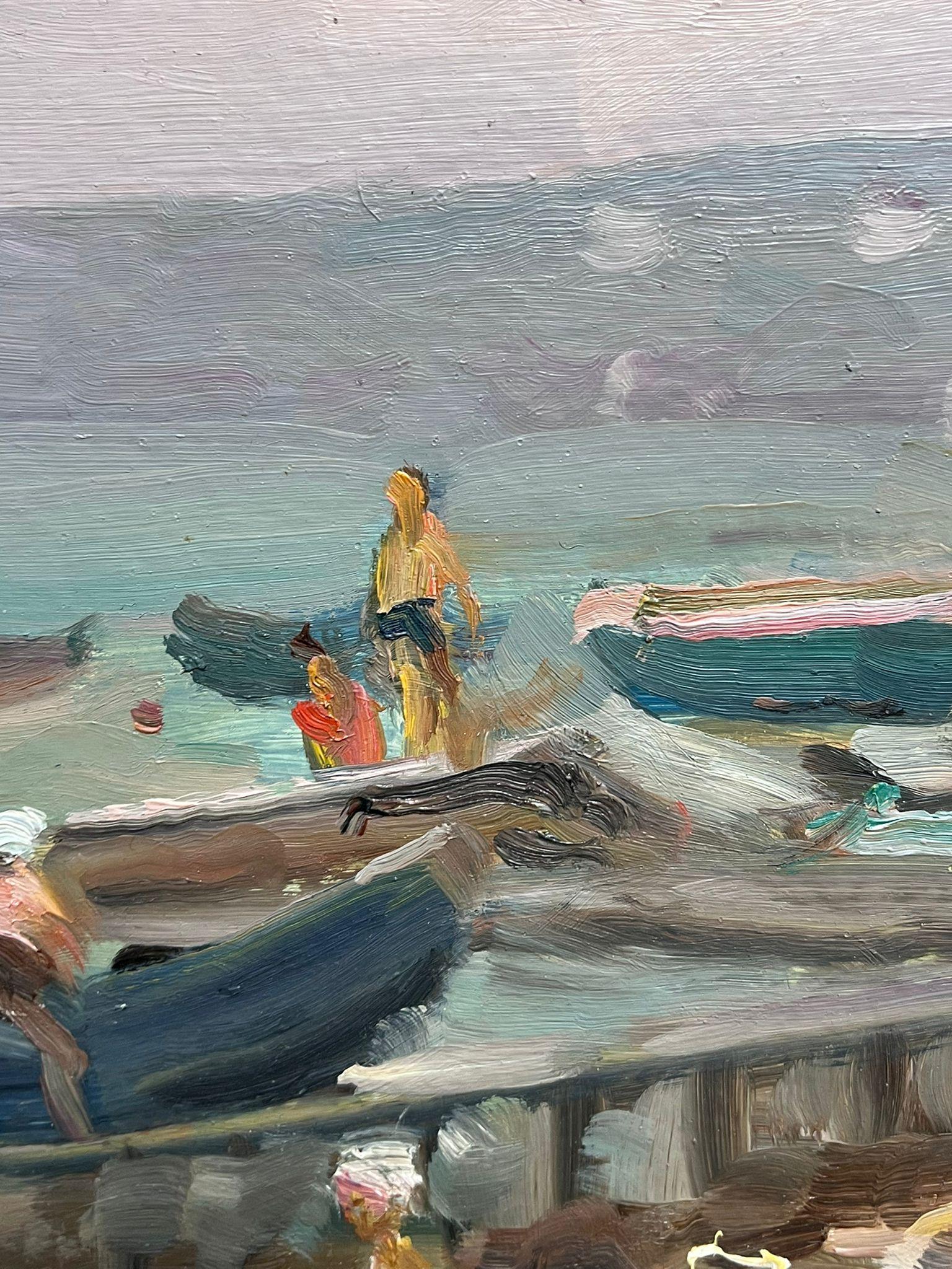 Figure con barche che giocano sulla spiaggia Pittura ad olio impressionista russa 1975 - Painting Impressionismo di Vladimir Vassine