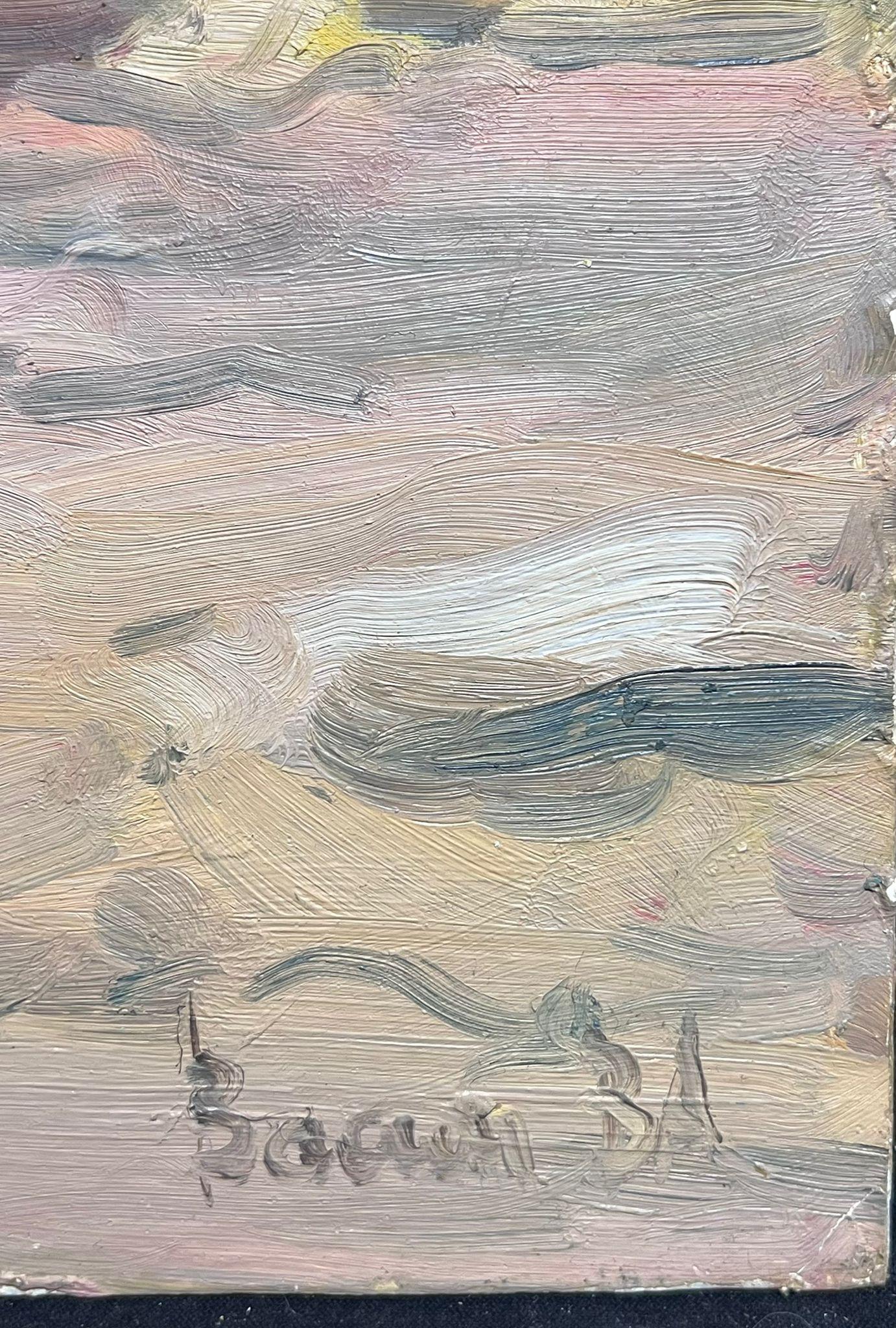 Figure con barche che giocano sulla spiaggia Pittura ad olio impressionista russa 1975 - Figurative Painting Beige di Vladimir Vassine