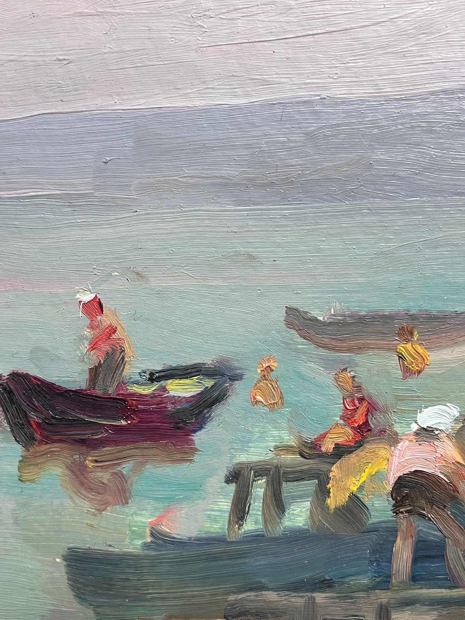 Figure con barche che giocano sulla spiaggia Pittura ad olio impressionista russa 1975 1