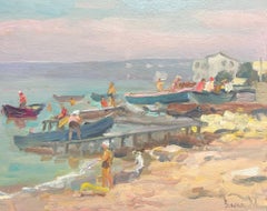 Figure con barche che giocano sulla spiaggia Pittura ad olio impressionista russa 1975