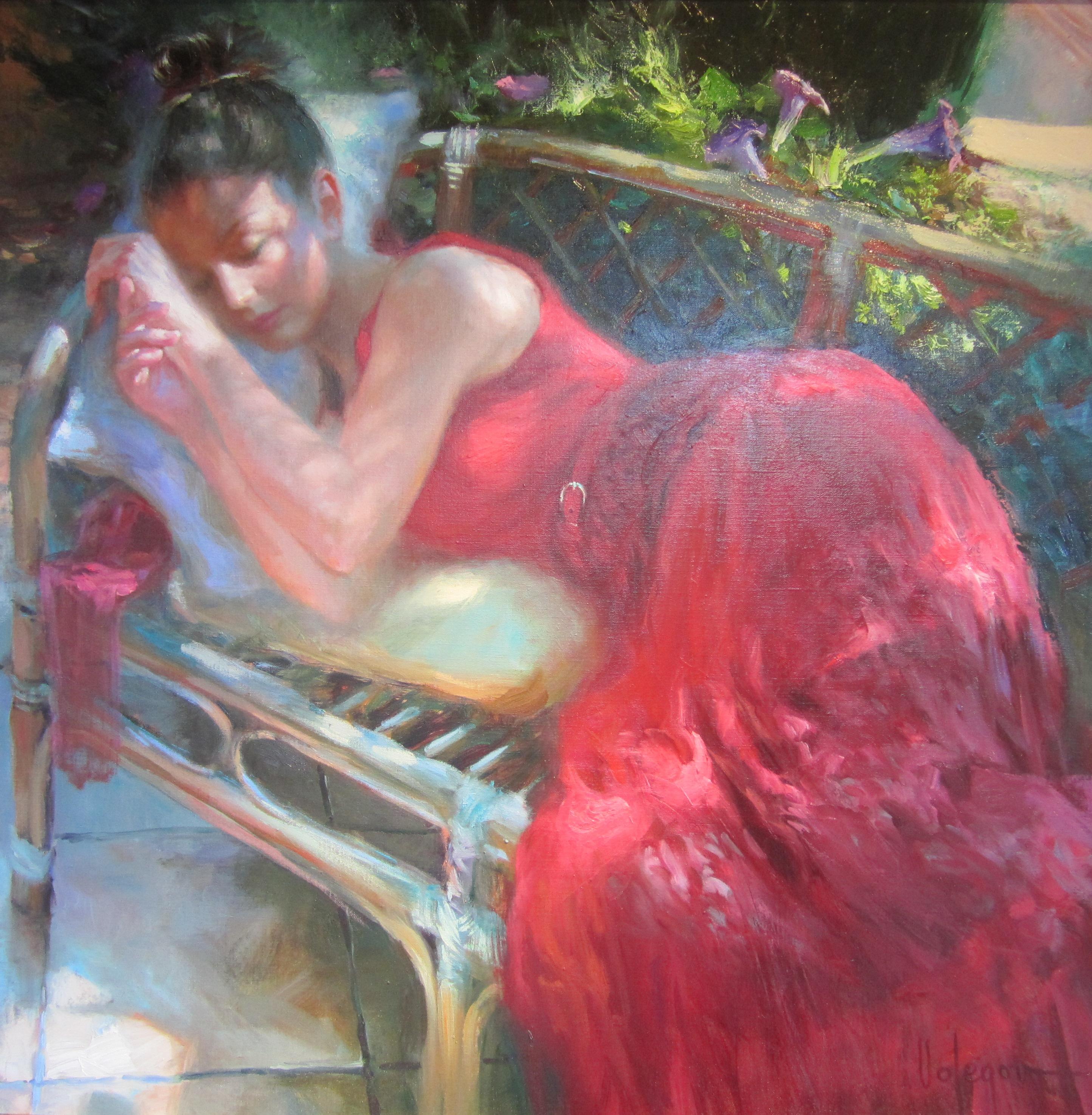 Peinture figurative contemporaine rouge d'une femme endormie 
