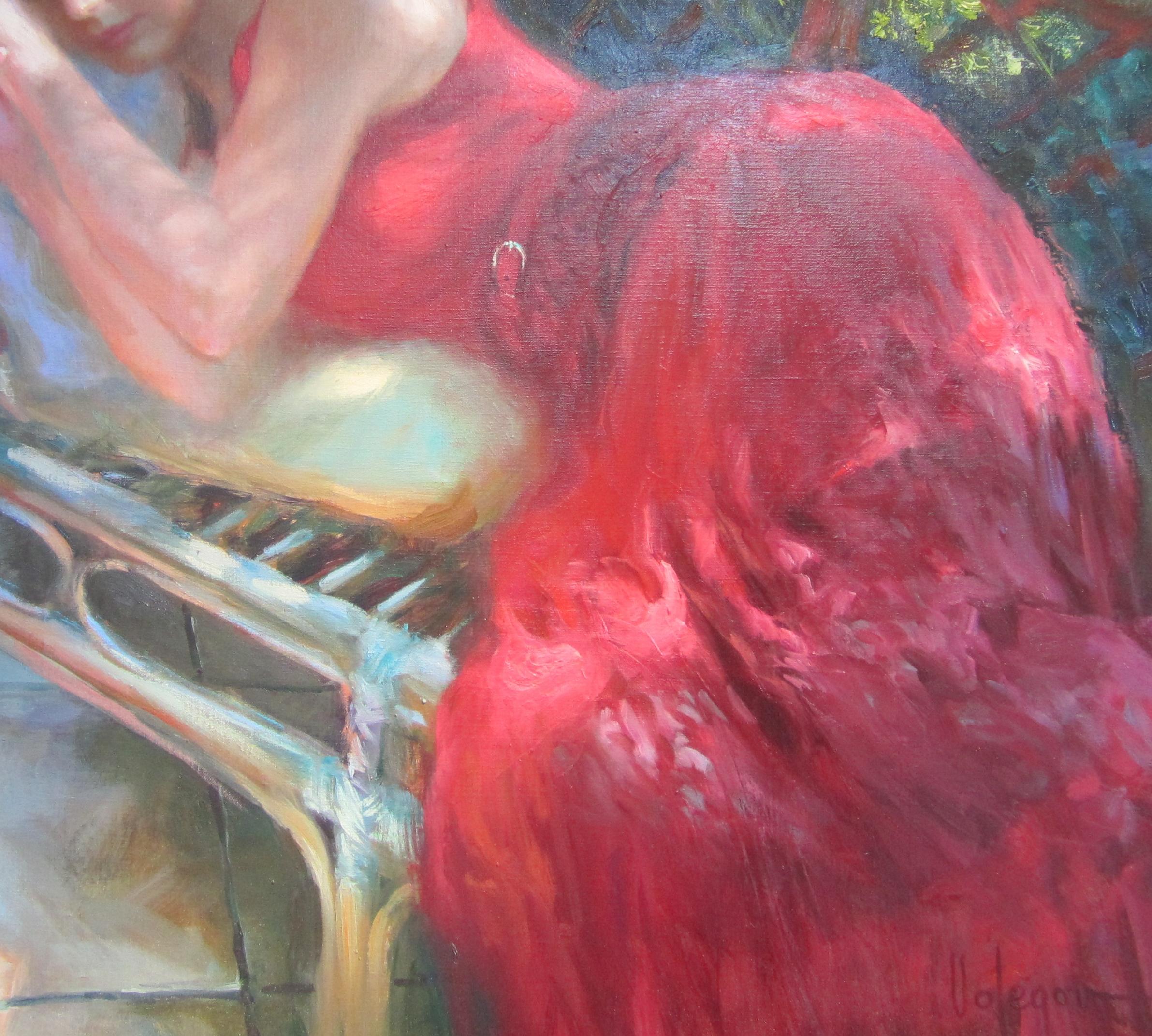 Contemporary Red Figurative Painting of a woman sleeping 'Siesta en Roja'  - Brown Portrait Painting by Vladimir Volegov