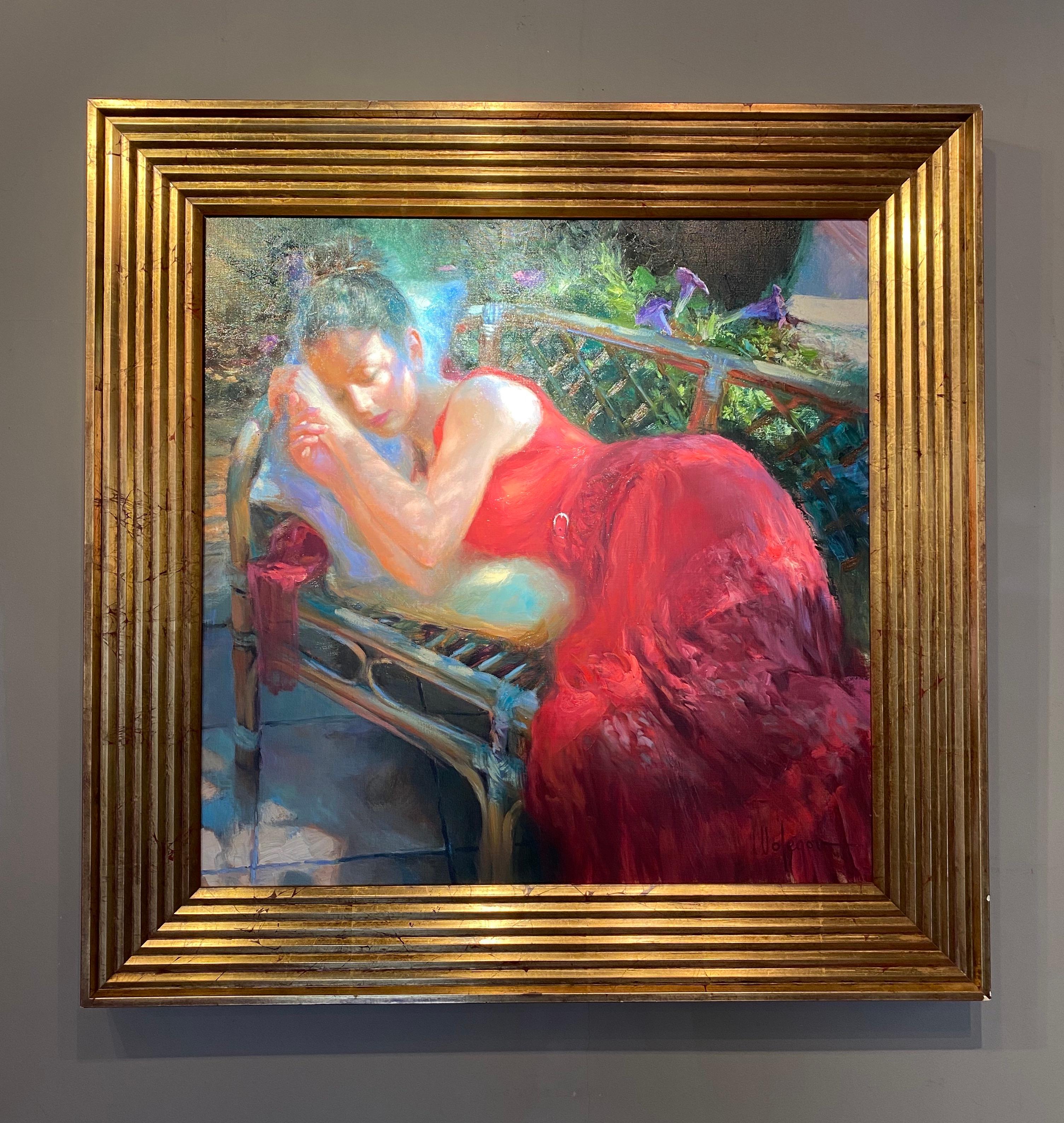 Portrait Painting Vladimir Volegov - Peinture figurative contemporaine rouge d'une femme endormie "Siesta en Roja". 