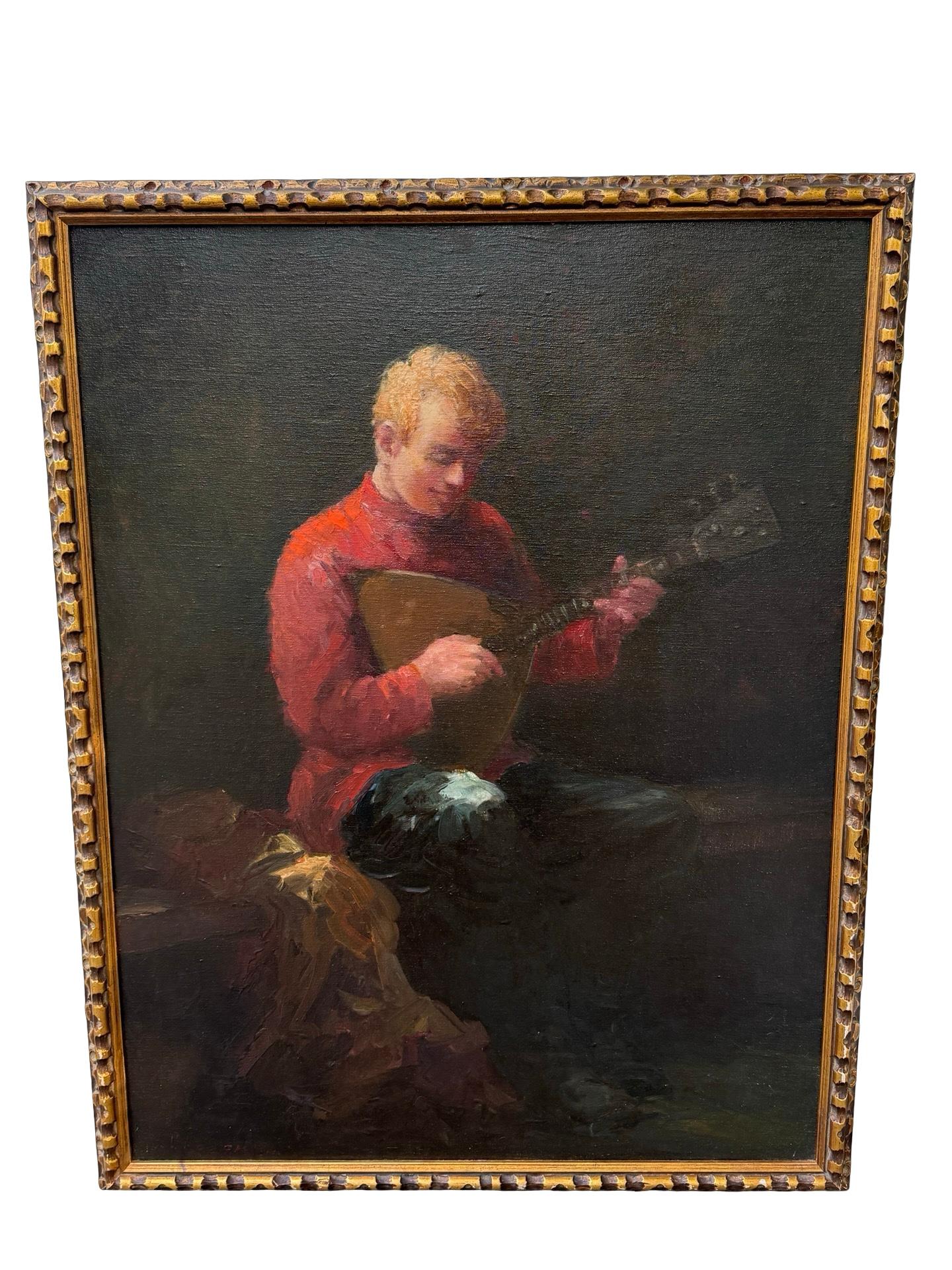 Dieses gefühlvolle und gekonnt wiedergegebene Öl auf Leinwand von Vladimir Volodia Lazarev zeigt einen einsamen jungen Musiker in stiller Träumerei, der in den Akt des Spielens eines traditionellen russischen Saiteninstruments vertieft ist -