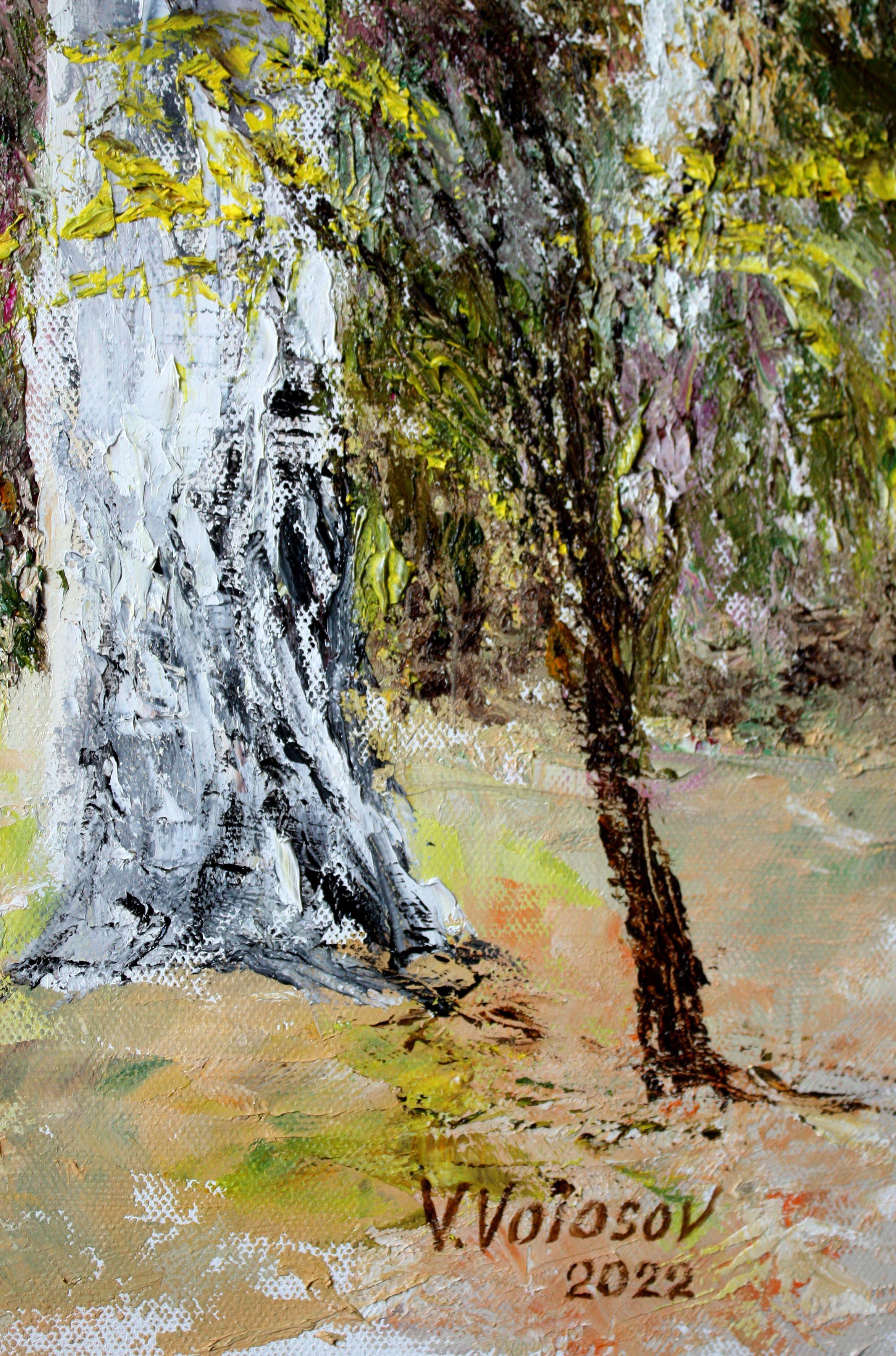Birches on the slope, Painting, Oil on Canvas For Sale 2