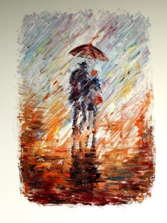 Couple in the rain, peinture à l'huile sur toile