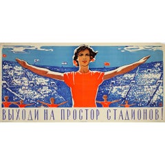 1959 Soviet Sports Poster “Go to the Stadium” Mass Athletics USSR