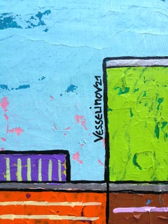 Carga Tráfico Ciudad Paisaje Pintura al Óleo Pop Art Rojo Verde Morado Naranja Marrón