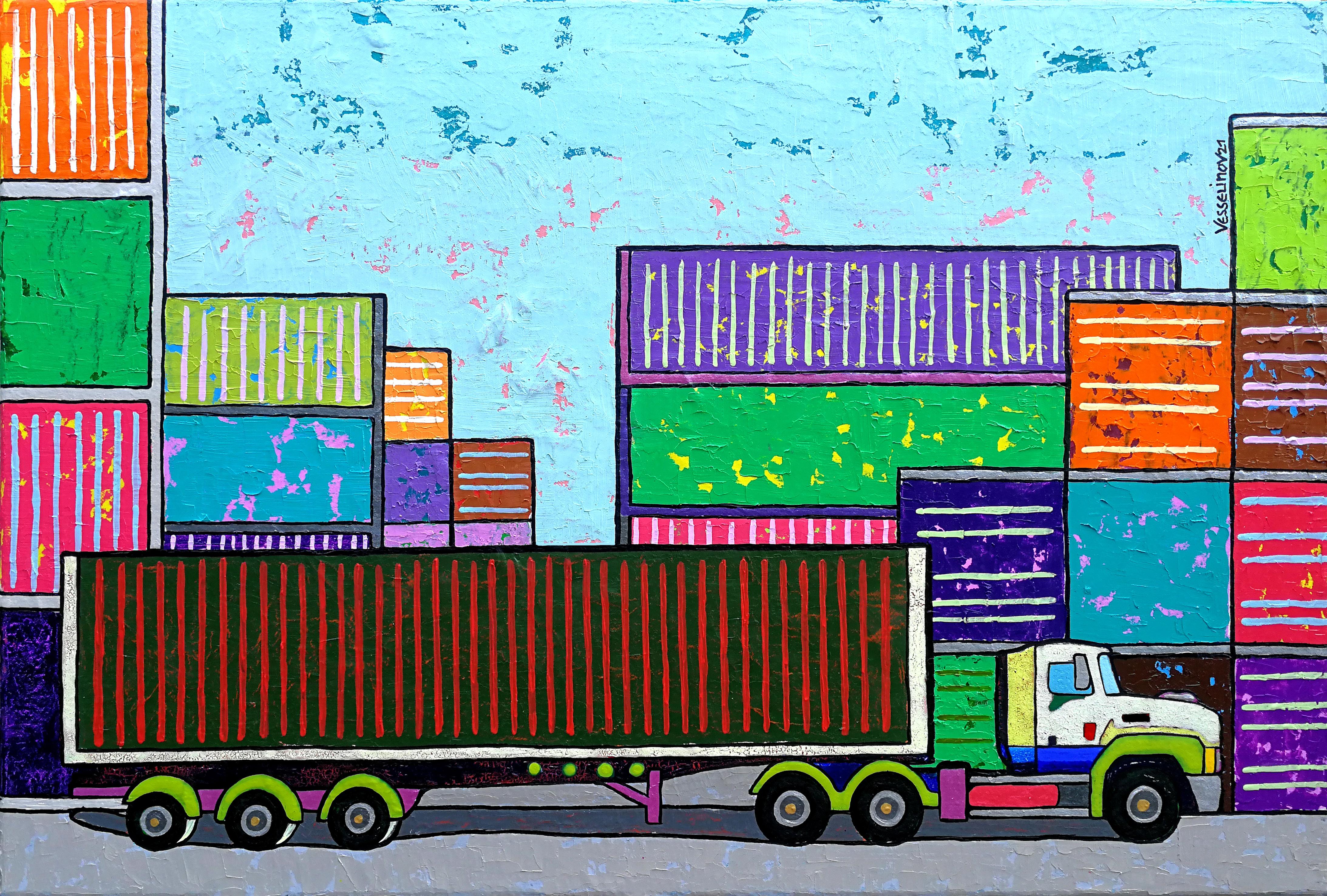 Vlado Vesselinov Landscape Painting - Cargo Traffic City Landscape Oil Painting Pop Art Red Green Purple Orange Brown