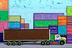 Cargo Traffic City Landscape Oil Painting Pop Art Red Green Purple Orange Brown