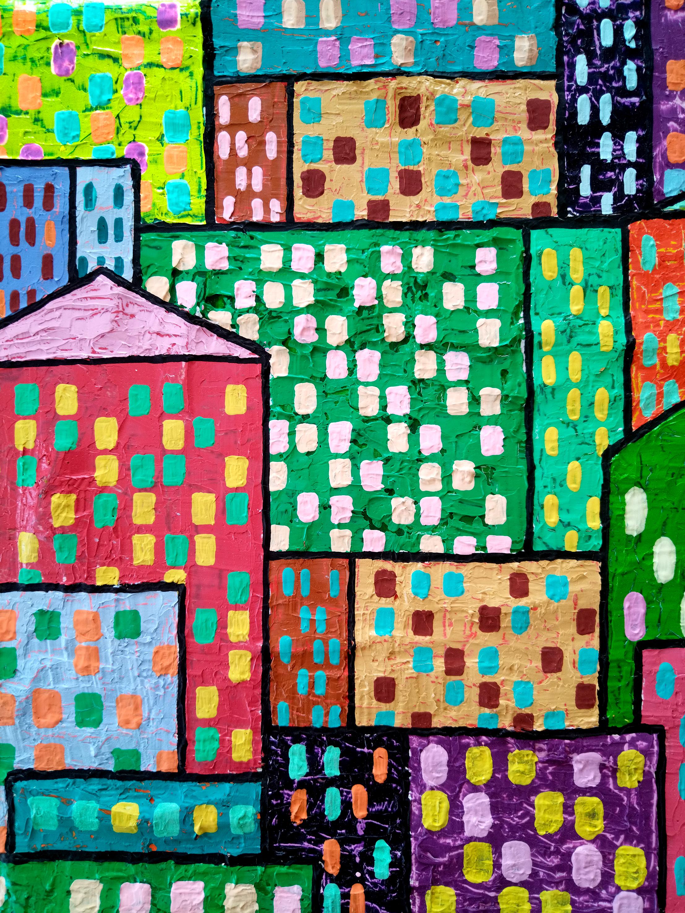 City Windows - Gemälde in Beige in den Farben Gelb, Grün, Orange, Weiß und Schwarz (Pop-Art), Painting, von Vlado Vesselinov