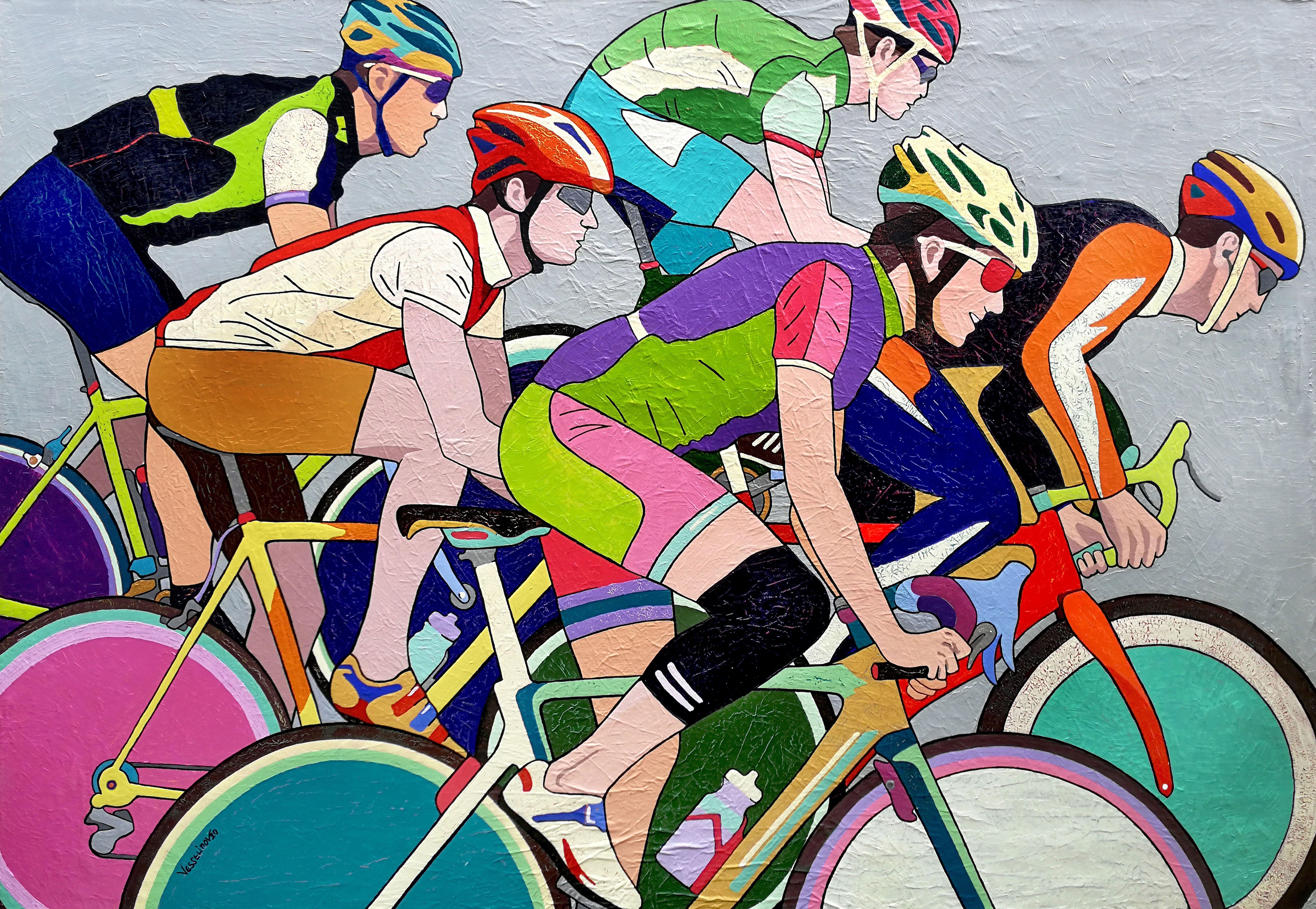 The work is inspired by the great cycling competitions, such as the Tour de France, the Giro d'Italia and many others. The tireless human spirit and the struggle of characters are leading and the battle is always beautiful.   The work is painted