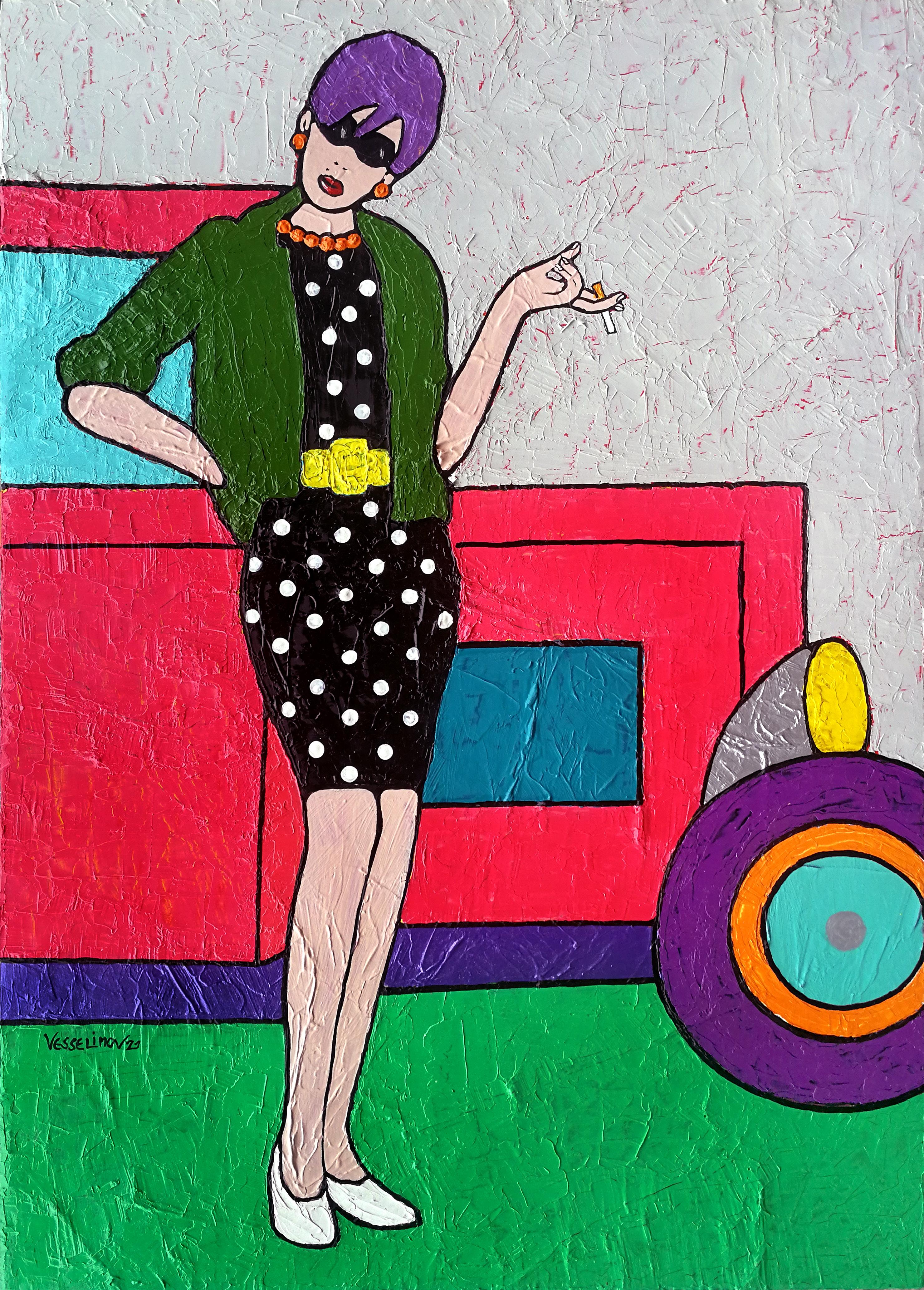 Figurative Painting de Vlado Vesselinov - Cómo fumar 45 al día - Pintura Rojo Amarillo Verde Naranja Blanco Azul Morado