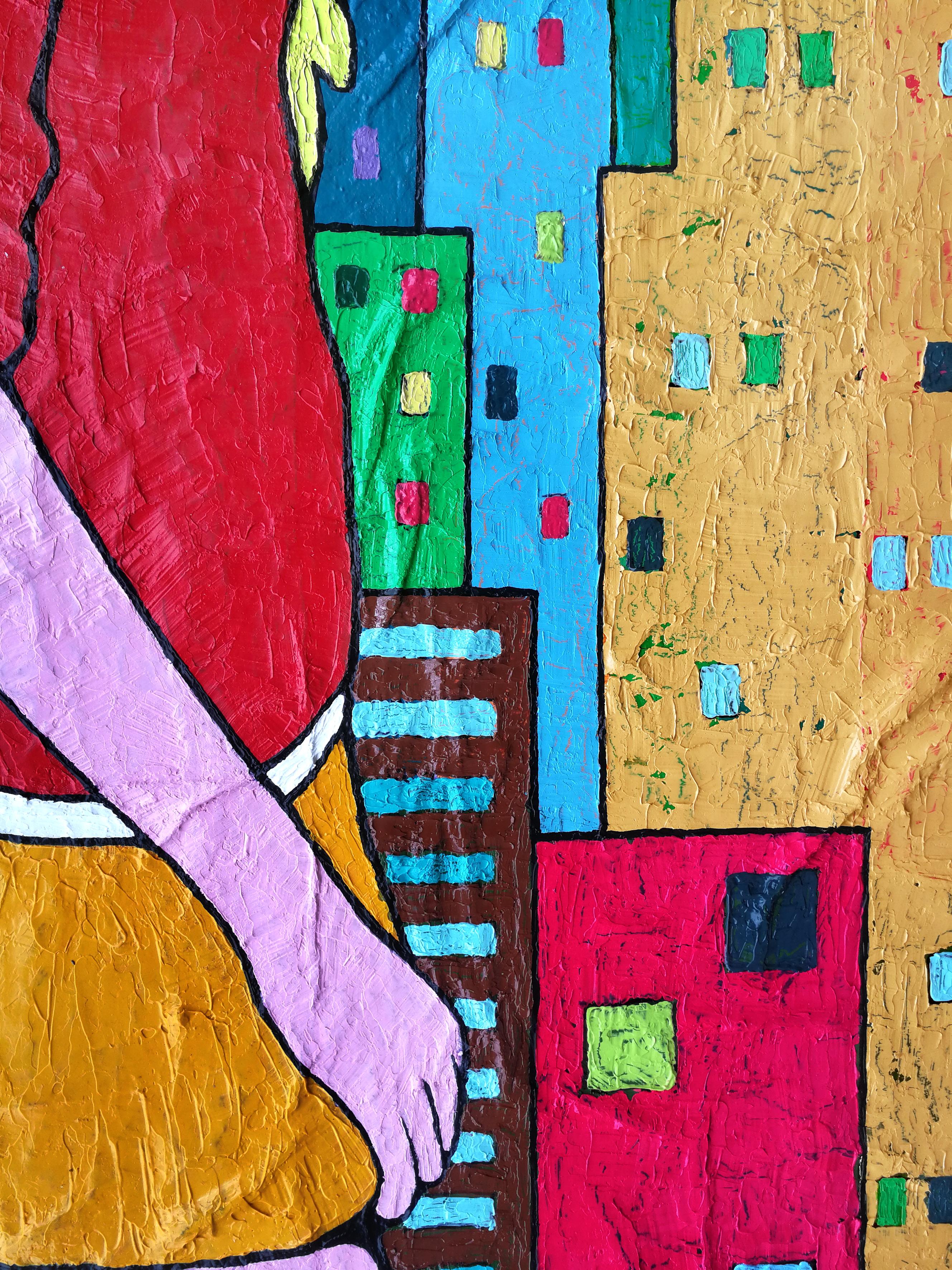 En la esquina contra la pared de ventanas - Rojo Amarillo Verde Blanco Azul Morado - Figurative Painting Beige de Vlado Vesselinov