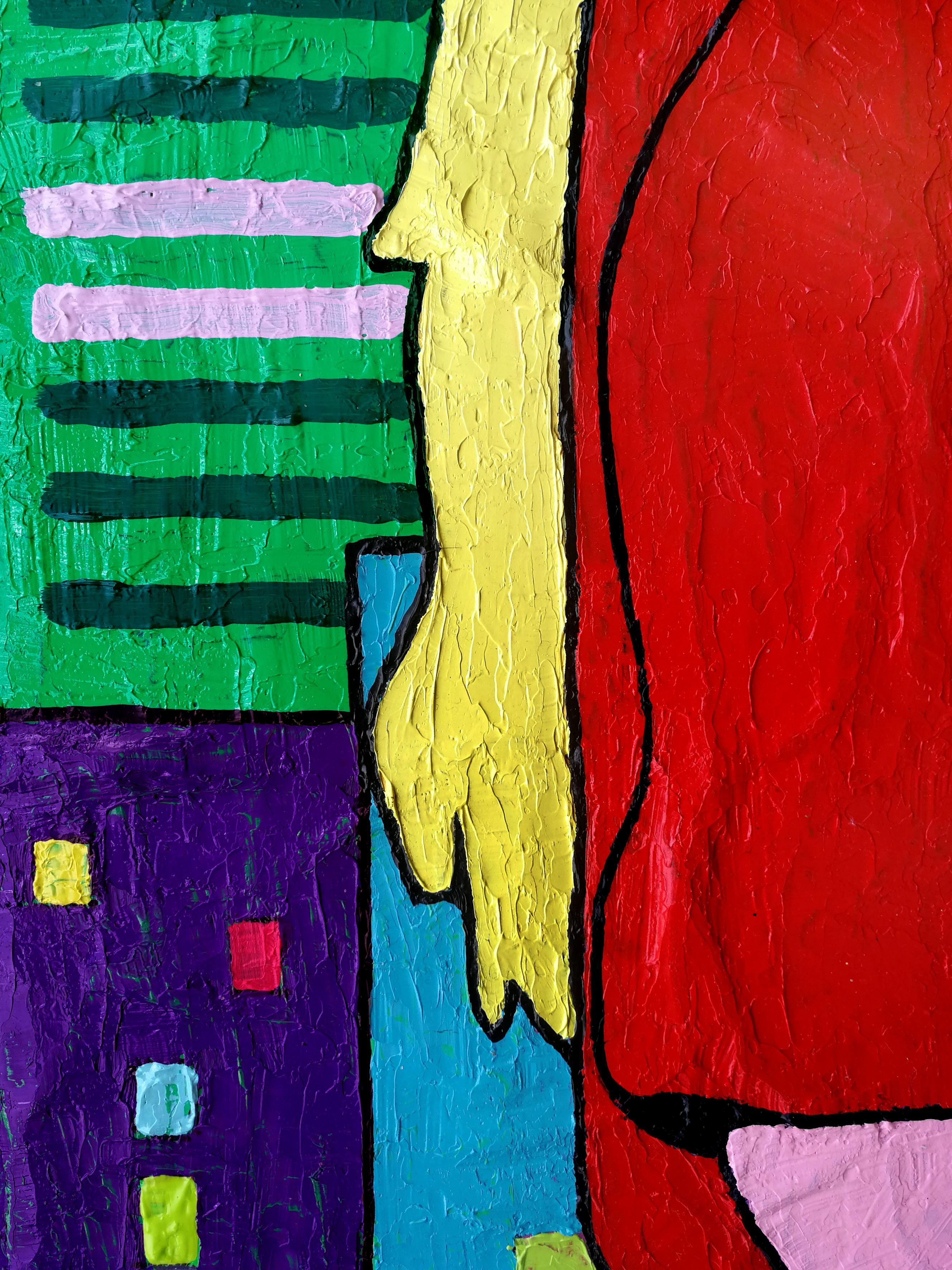 On the Corner Against the Wall of Windows - Red Yellow Green White Blue Purple - Pop Art Painting by Vlado Vesselinov