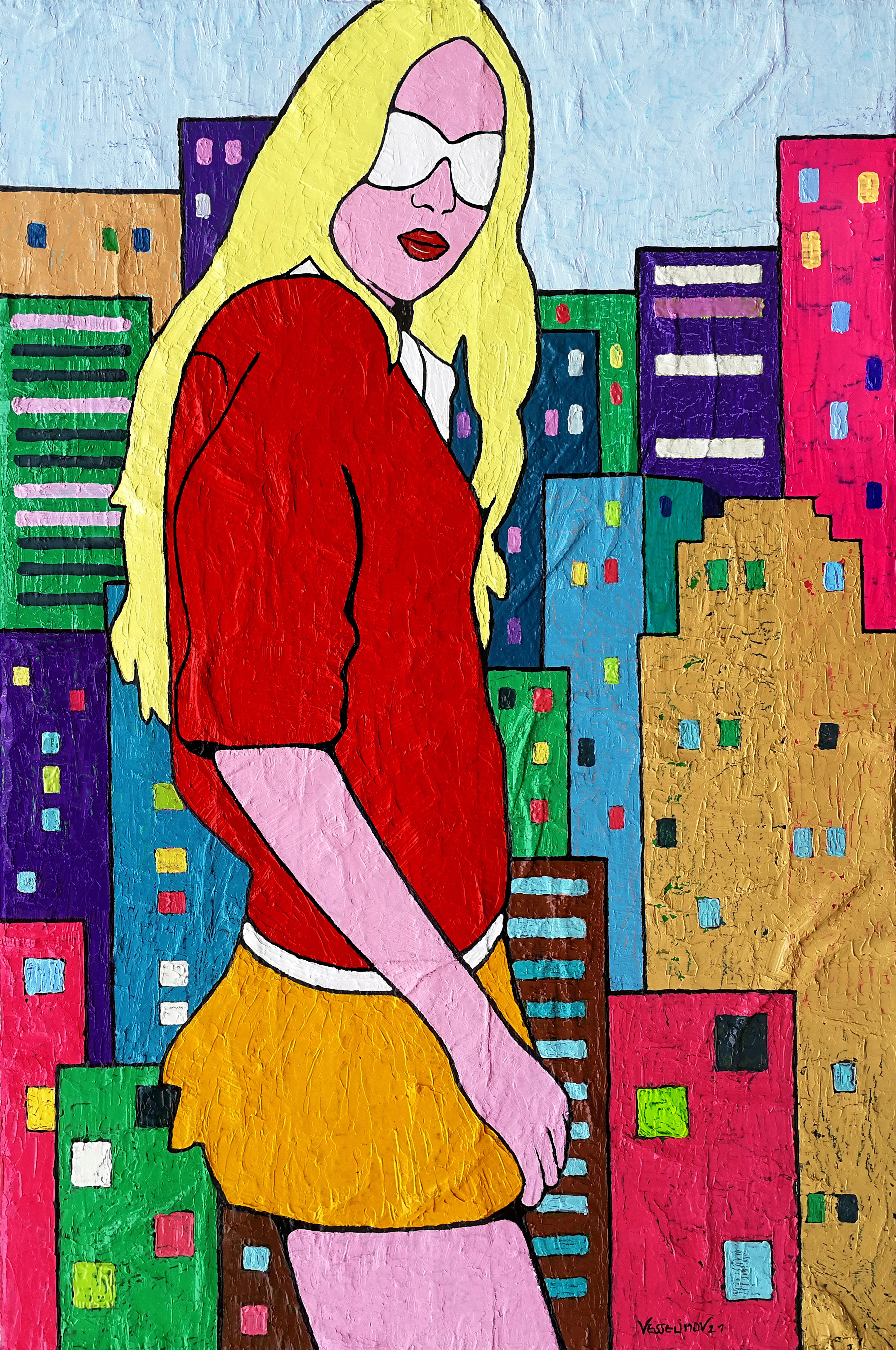 Figurative Painting de Vlado Vesselinov - En la esquina contra la pared de ventanas - Rojo Amarillo Verde Blanco Azul Morado