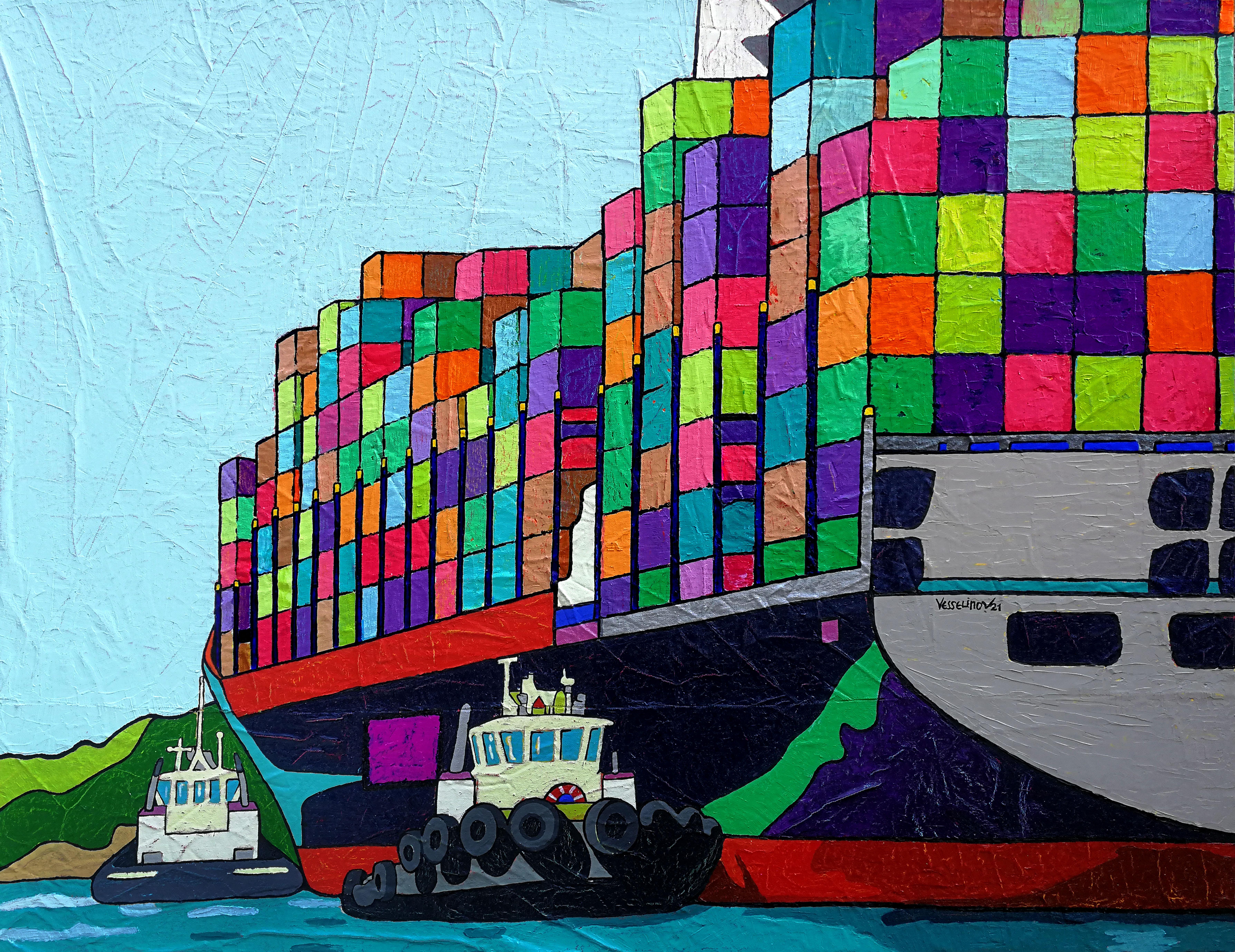 Shipping Rescue Operation - Painting Pop Art Red Green Purple Brown Blue Orange