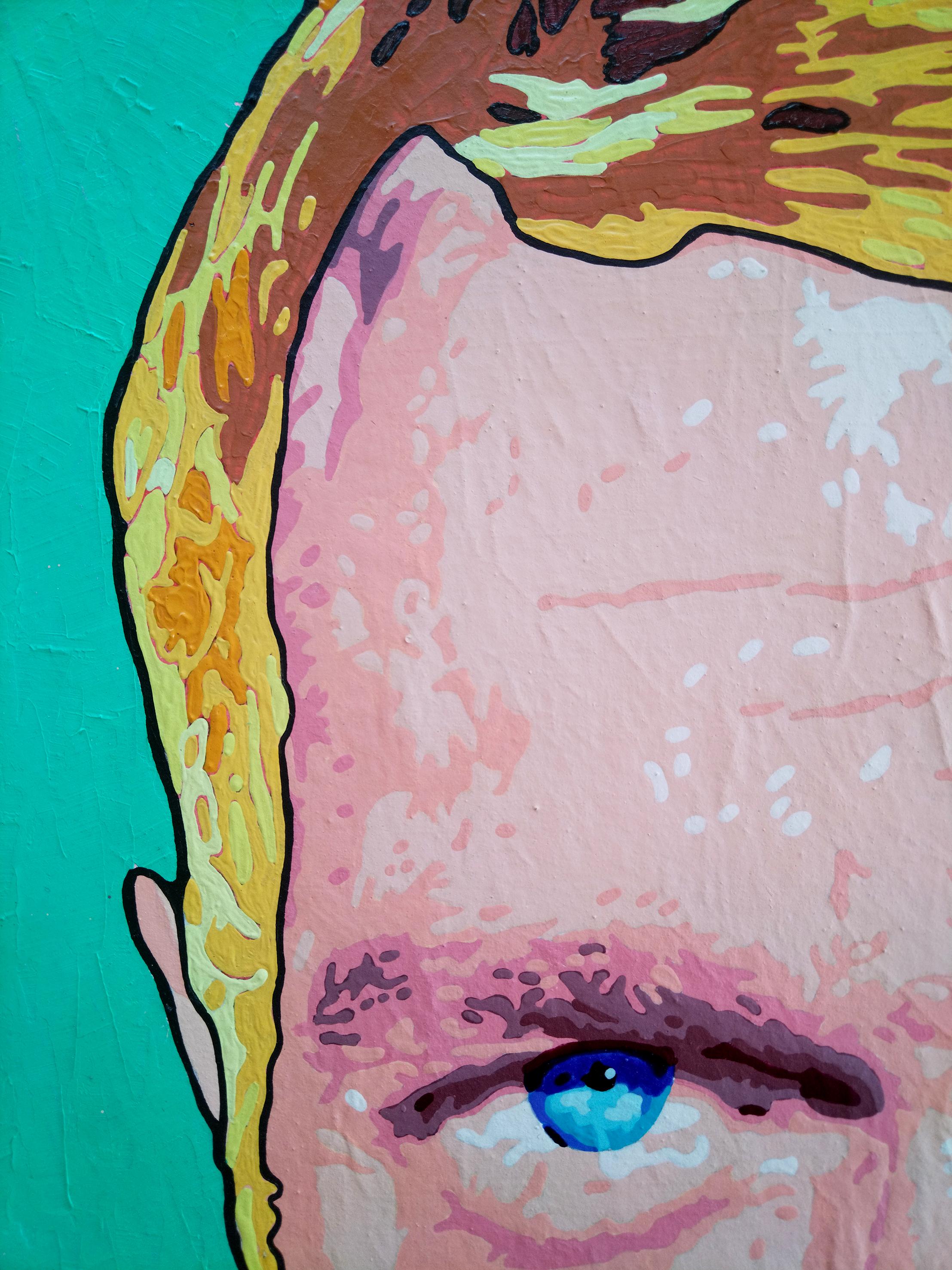 Steve McQueen - Porträtgemälde in Beige, Gelb, Grün, Orange, Weiß und Schwarz (Blau), Portrait Painting, von Vlado Vesselinov