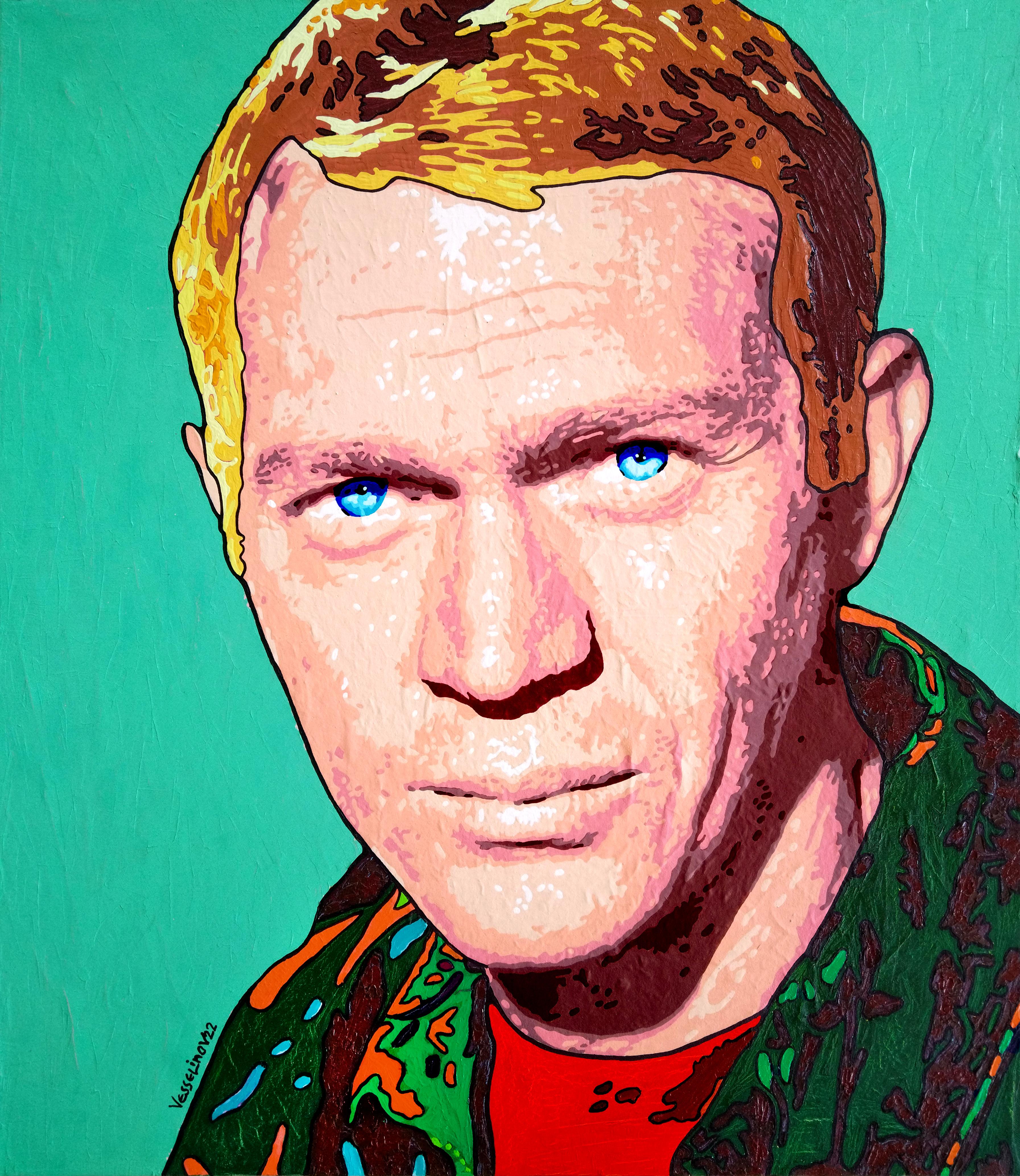 Vlado Vesselinov Portrait Painting – Steve McQueen - Porträtgemälde in Beige, Gelb, Grün, Orange, Weiß und Schwarz