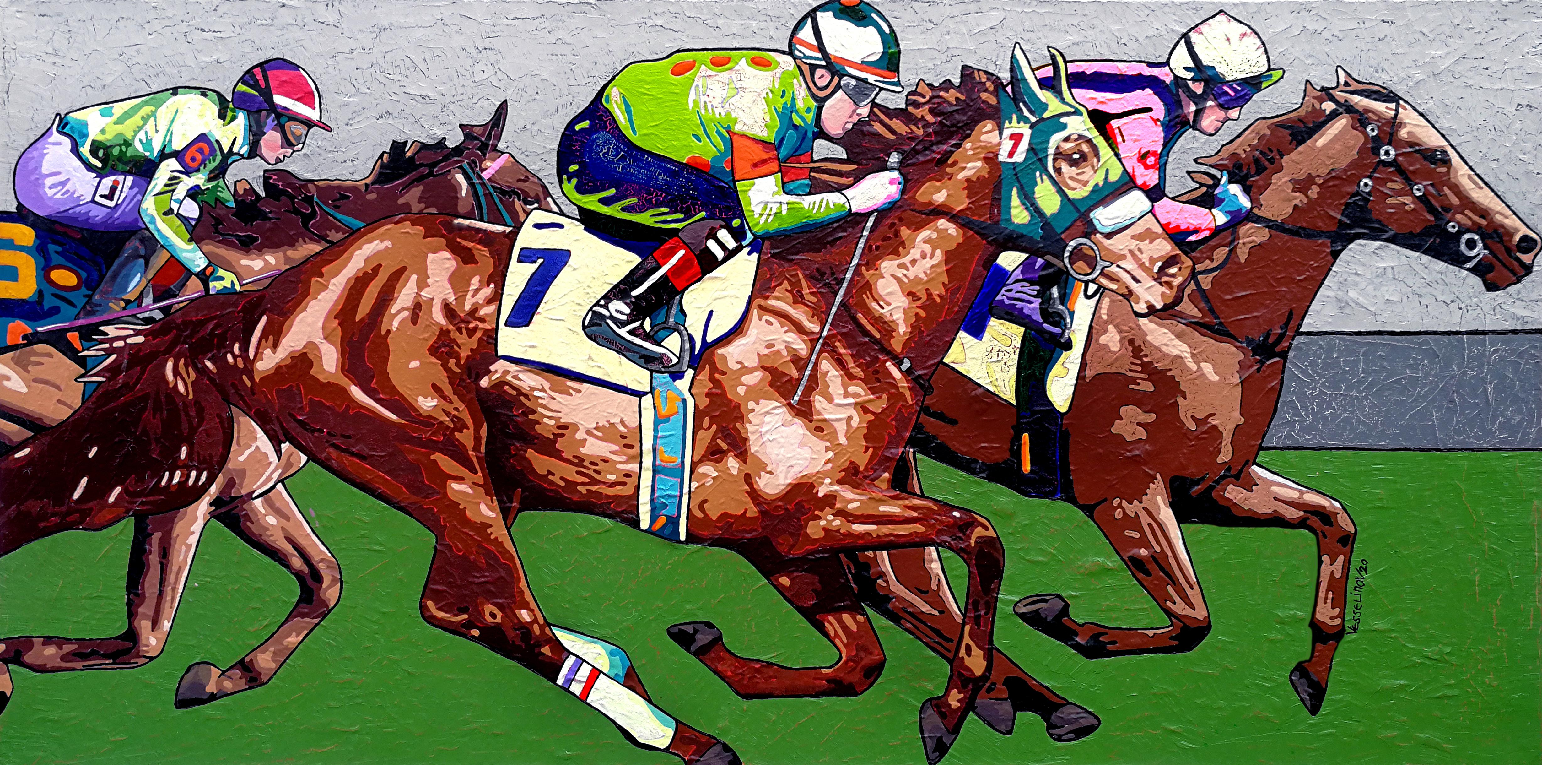 Peinture « Wild Horses, The Race » (Les chevaux sauvages, la course) - Brun, blanc, orange, jaune, vert, bleu, rose et gris - Painting de Vlado Vesselinov