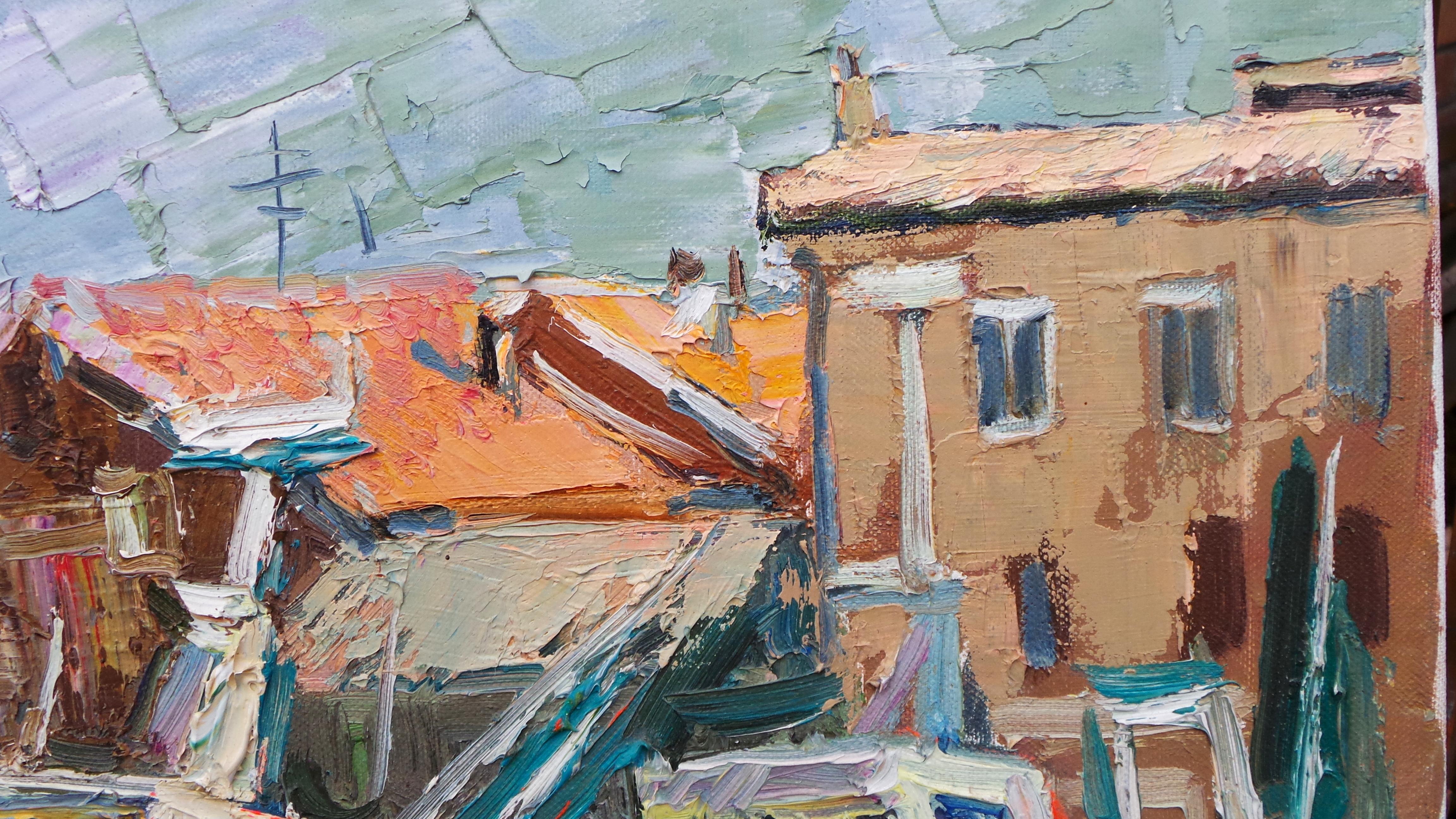 „Port in Fano“ (Grau), Landscape Painting, von Vladyslav Kazachenko