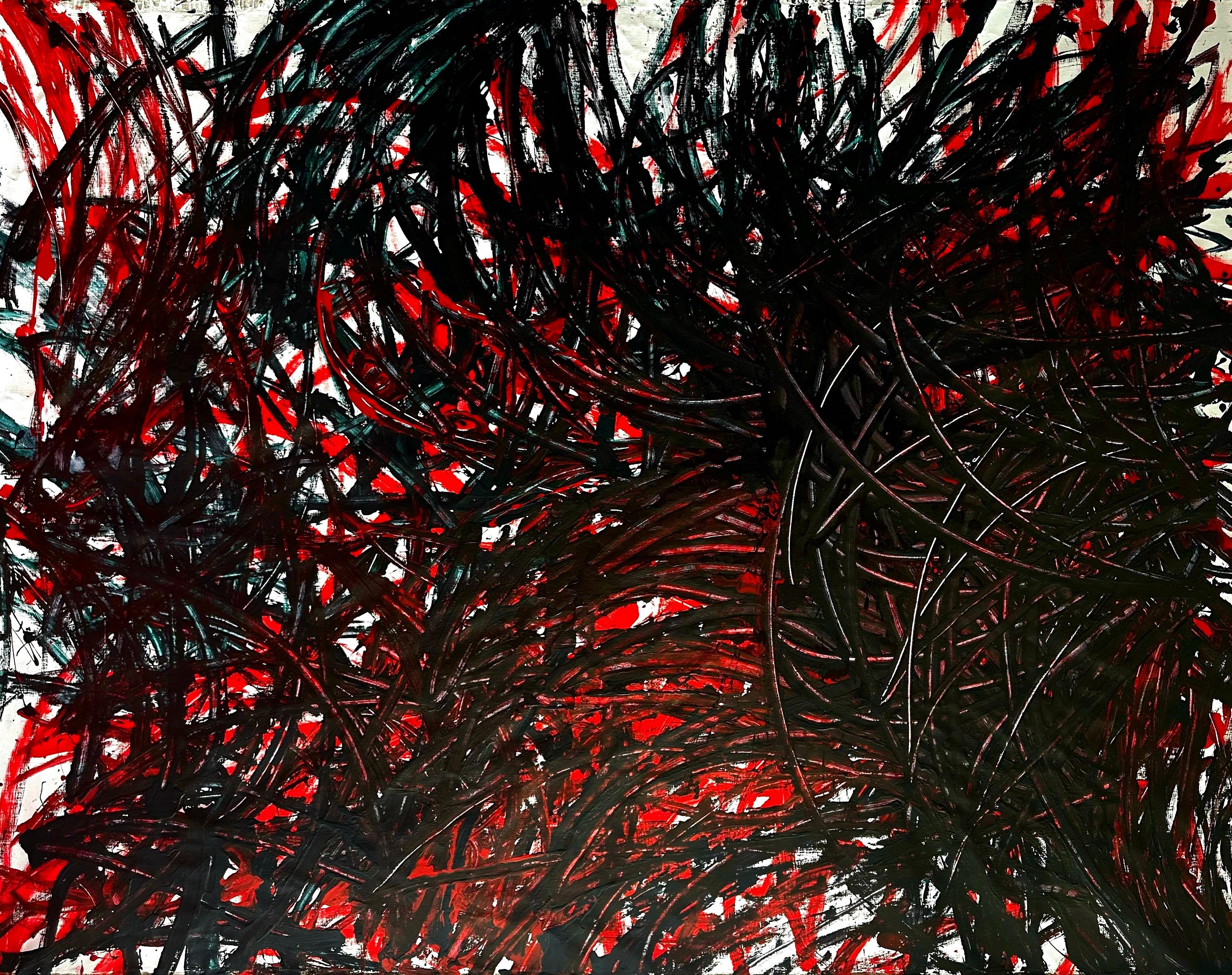 Dynamic, intense shades of red and green that intertwine to create a feeling of depth and energy. A reflection of internal struggle and passion, as if the viewer is looking into the mirror of the artist’s emotional state.
