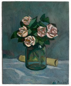 Flowers Still Life Antique Oil Painting Roses Bouquet Vintage Art by Vlasov V.G.