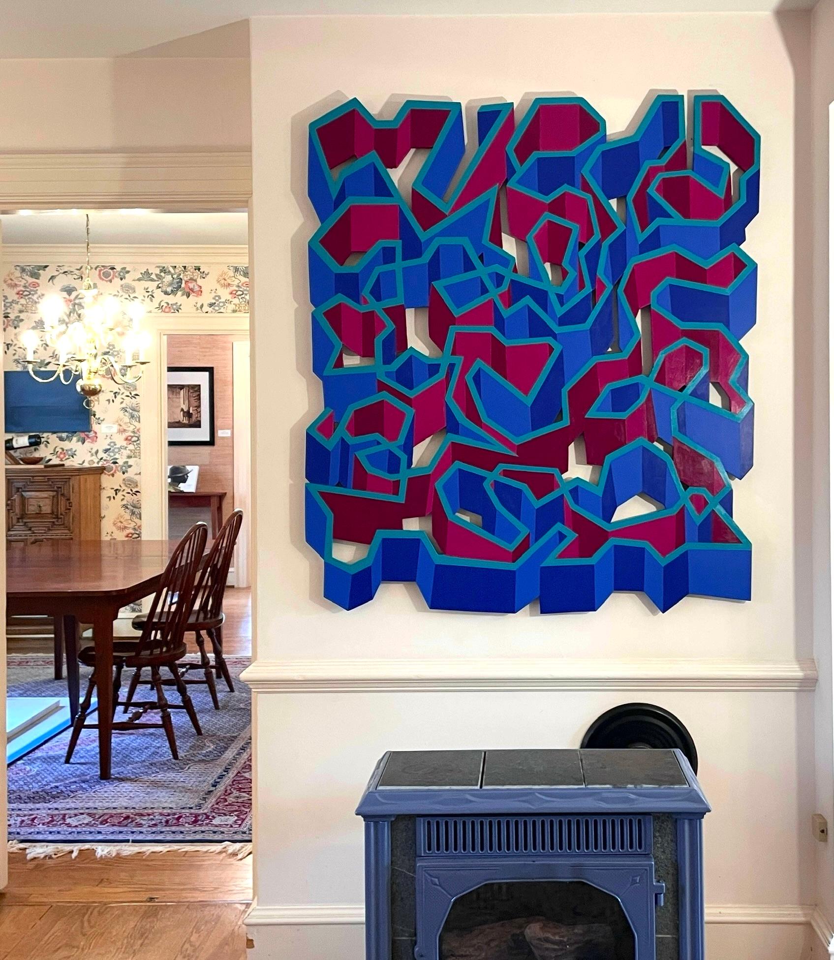 Large abstract geometric wall sculpture painting on shaped wood panel, blue pink – Painting von VM Fisk