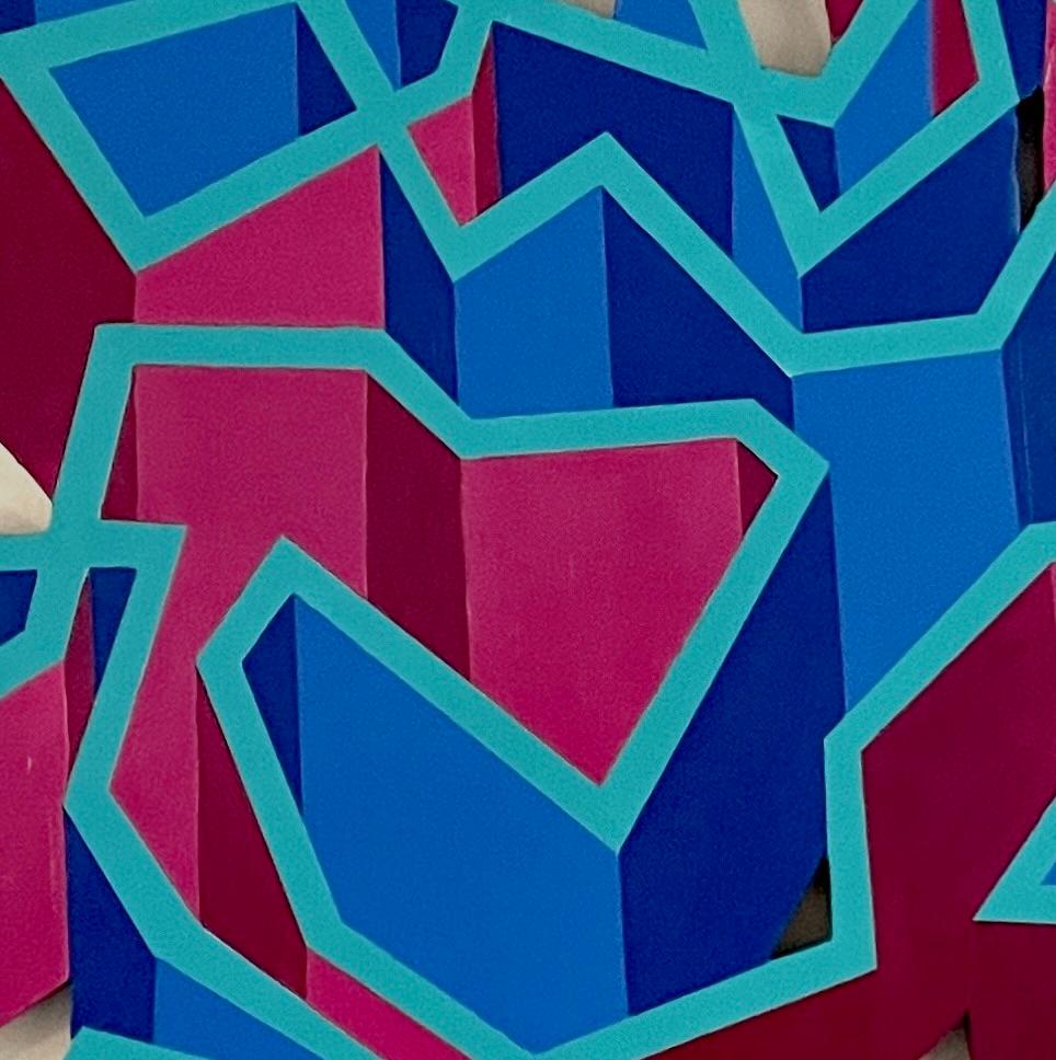 Large abstract geometric wall sculpture painting on shaped wood panel, blue pink (Abstrakt), Painting, von VM Fisk