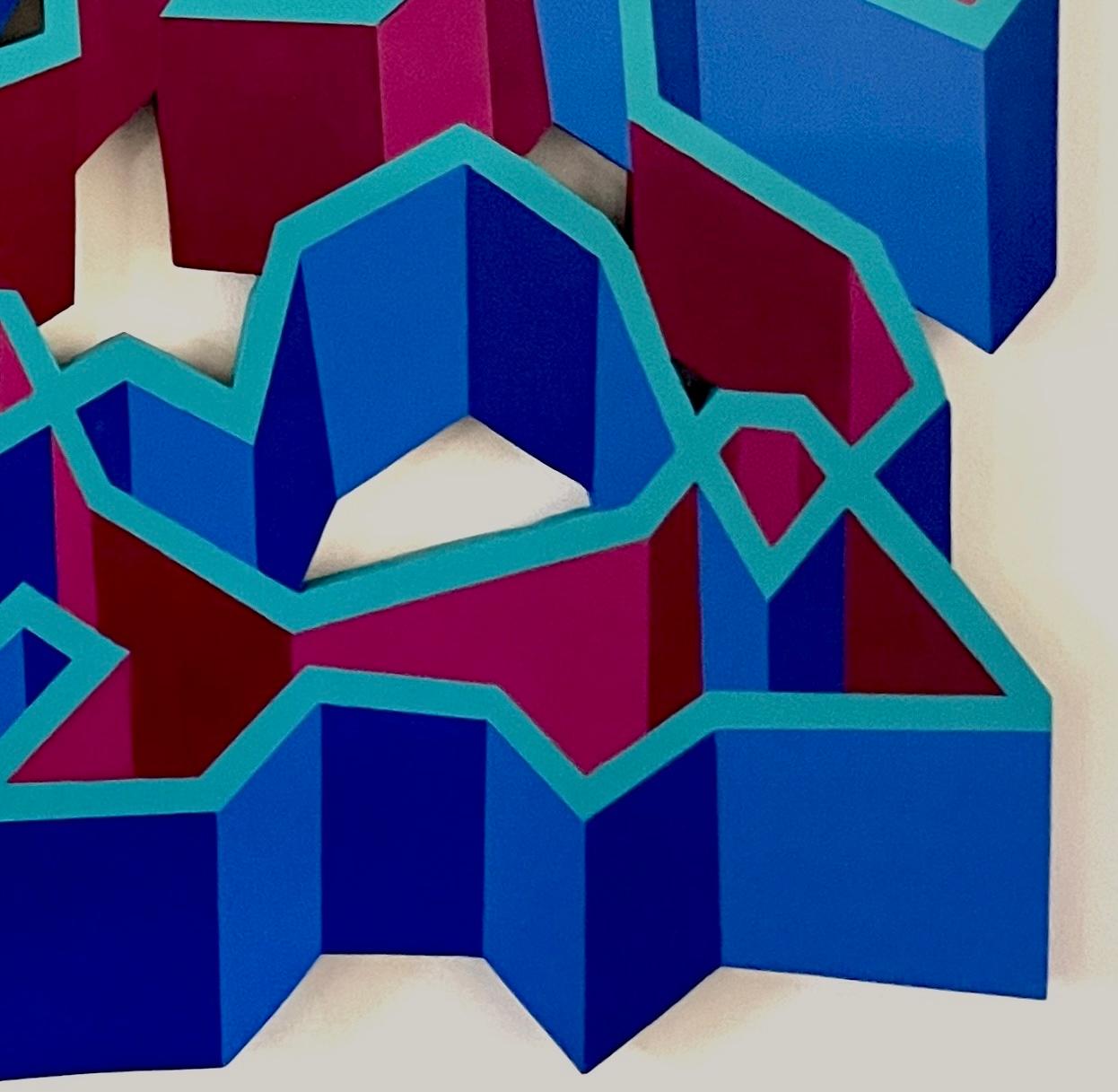 Large abstract geometric wall sculpture painting on shaped wood panel, blue pink (Blau), Abstract Painting, von VM Fisk