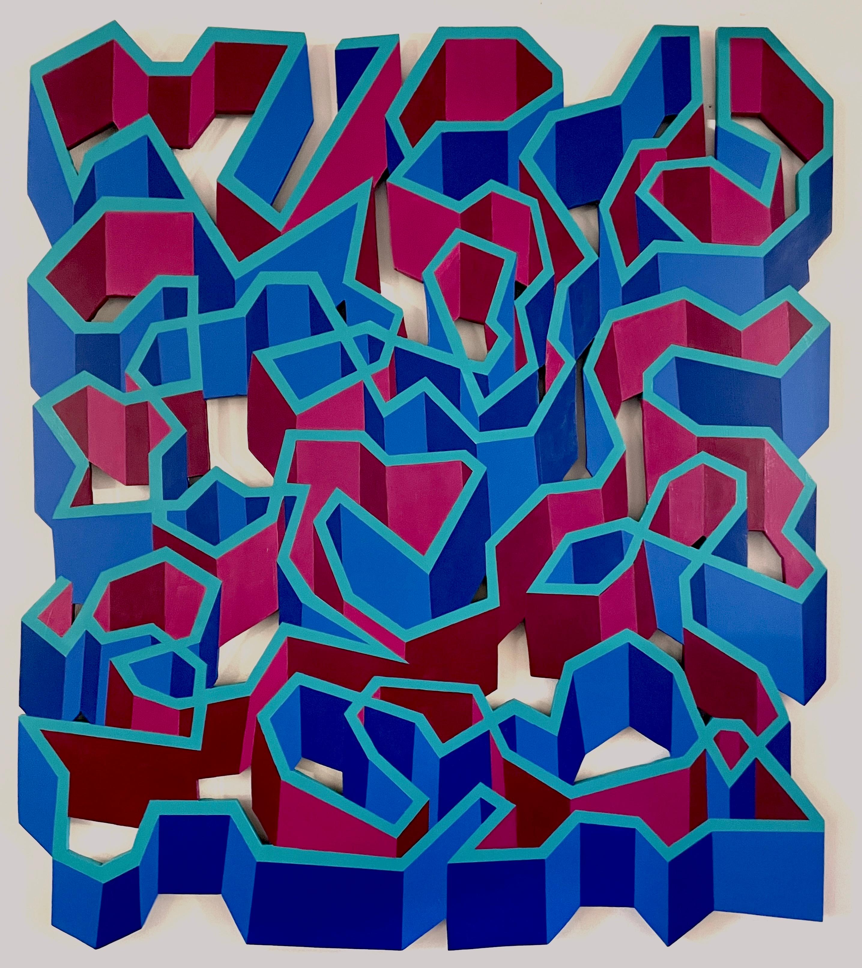 VM Fisk Abstract Painting – Large abstract geometric wall sculpture painting on shaped wood panel, blue pink