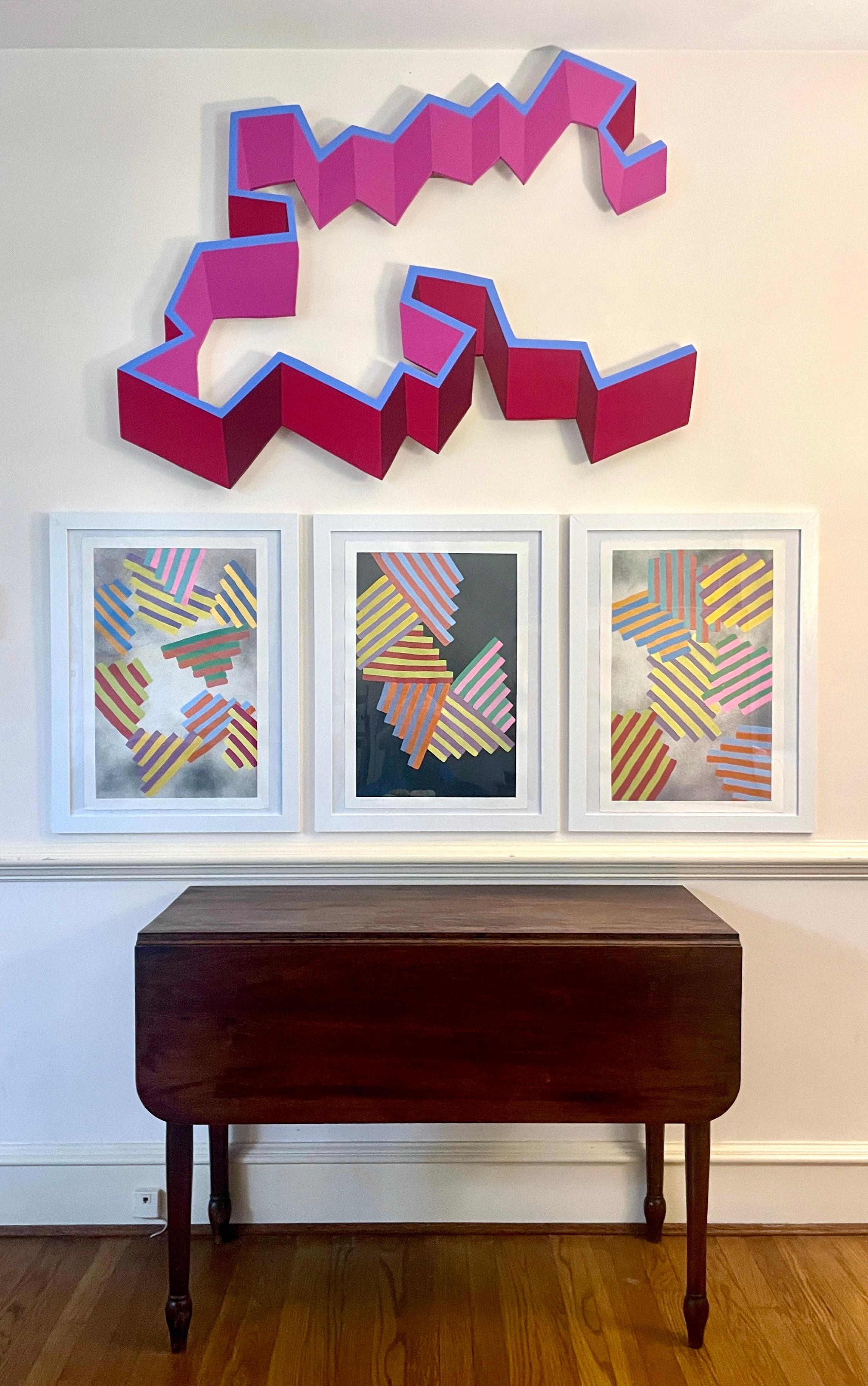 Pink Punk: large abstract geometric wall sculpture painting on shaped wood panel – Sculpture von VM Fisk