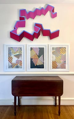 Pink Punk: large abstract geometric wall sculpture painting on shaped wood panel