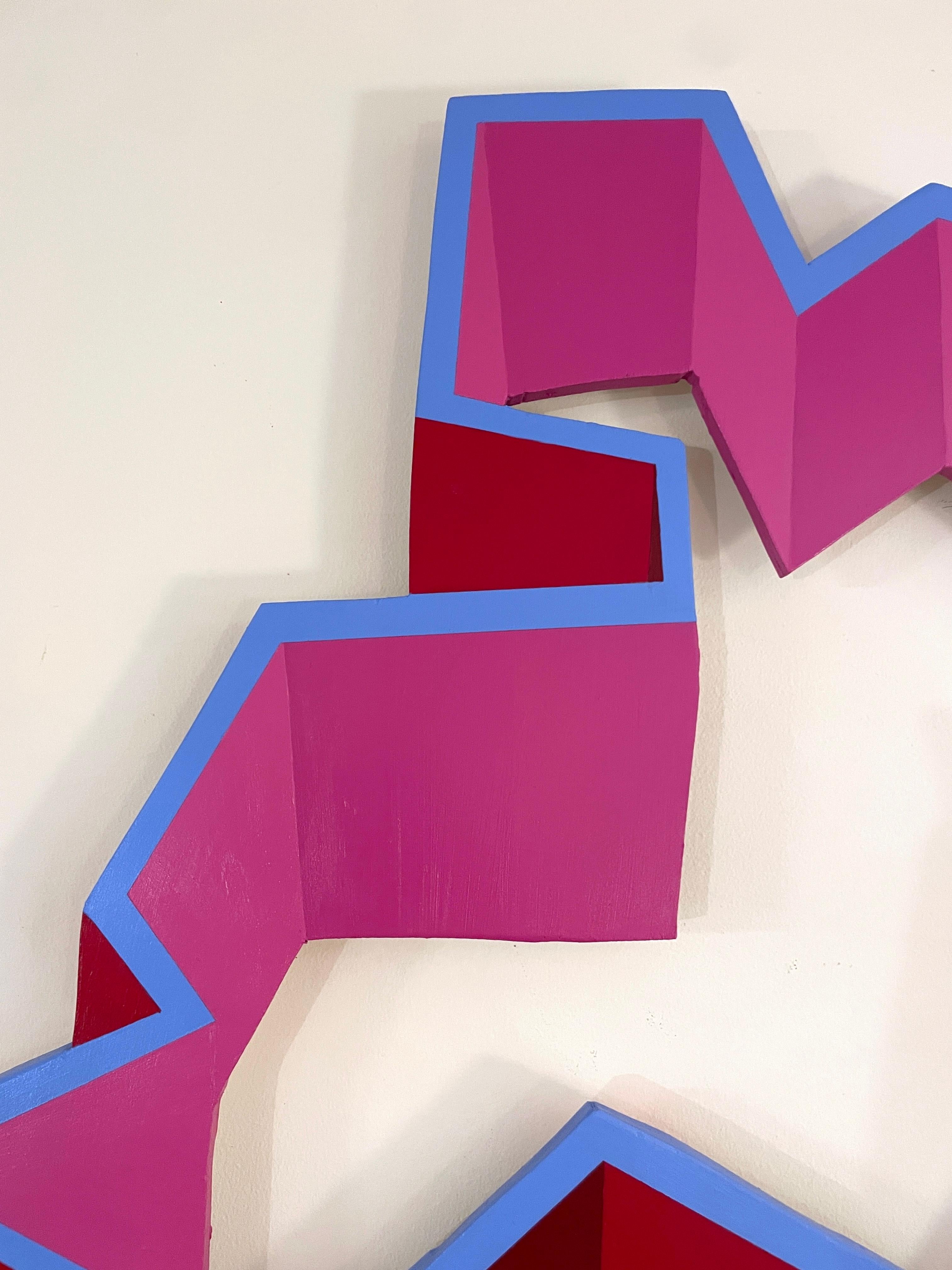 Pink Punk: large abstract geometric wall sculpture painting on shaped wood panel (Beige), Abstract Sculpture, von VM Fisk