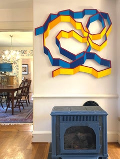 Mulino a vento: grande scultura geometrica da parete, pittura su pannello sagomato in blu e oro