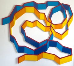 Mulino a vento: grande scultura geometrica da parete, pittura su pannello sagomato in blu e oro