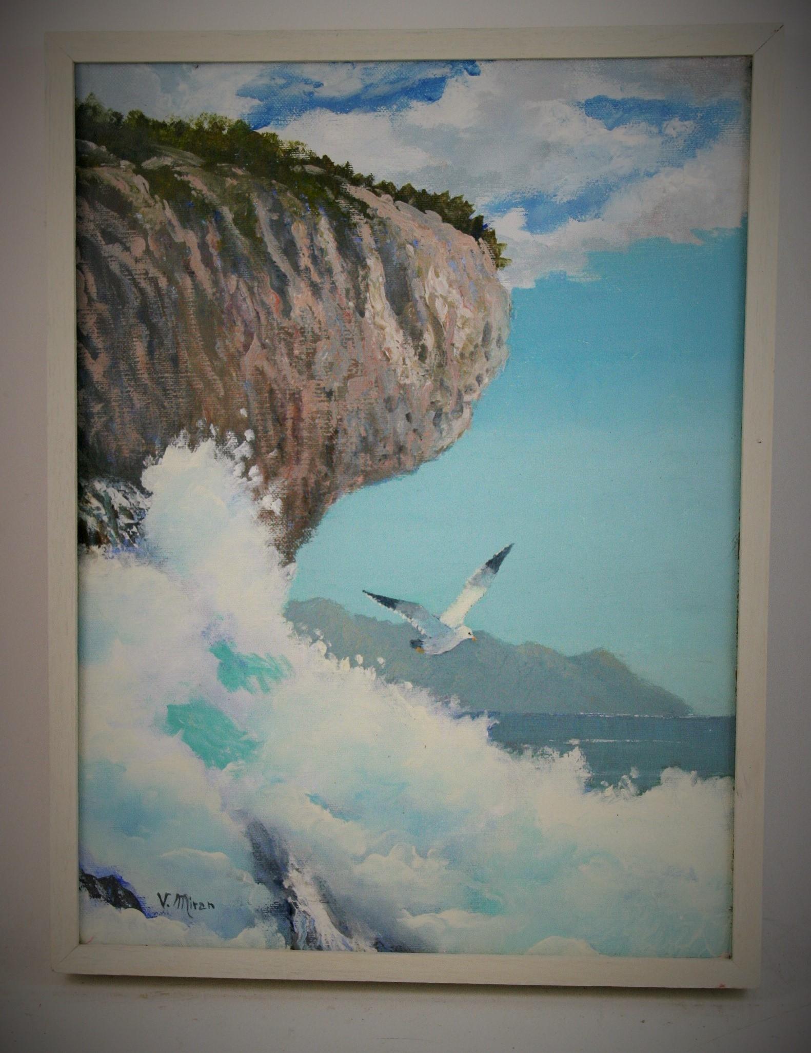 V.Mirin Landscape Painting - Vintage Pacific Ocean Cliff Side Seascape "Crashing Waves Along the Rocks"