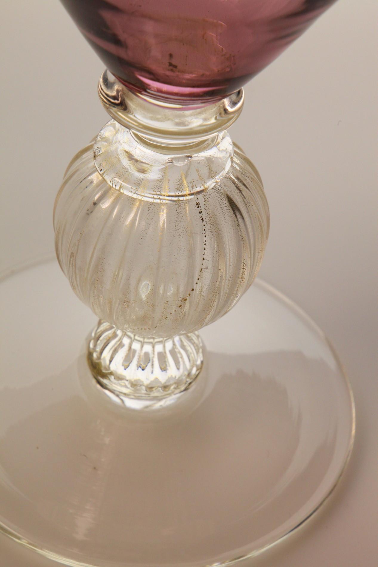 Italian V.Nason, Veronese Vase, Amethyst body and gold leaf glass foot Murano 80s signed