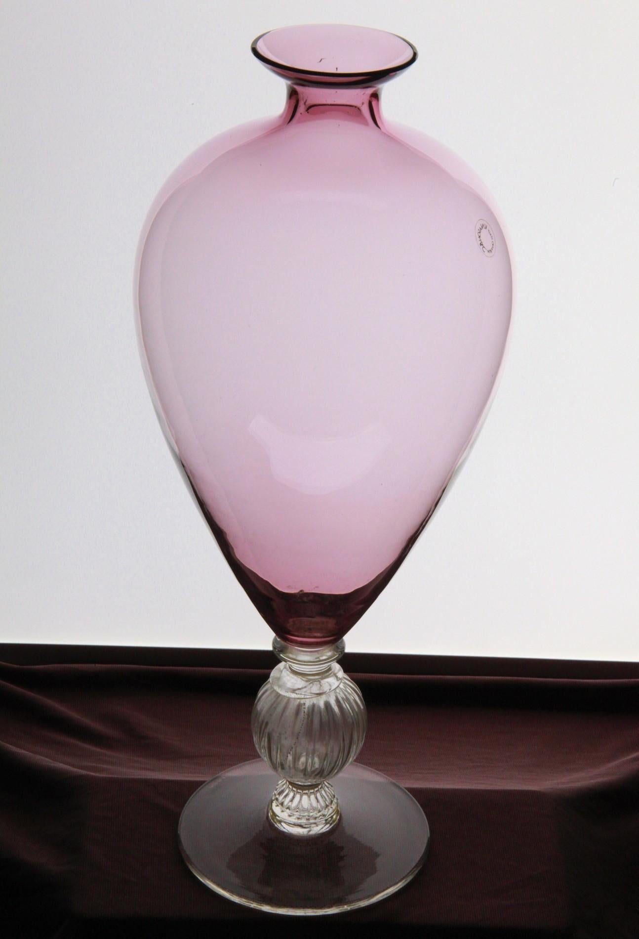 V.Nason, Veronese Vase, Amethyst body and gold leaf glass foot Murano 80s signed 2