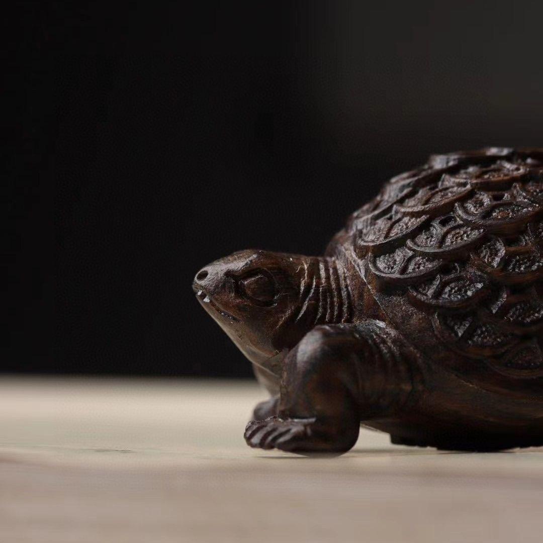 Sculpture de tortue ancienne en bois d'agate sculptée Feng Shui, pièce d'or en vente 2