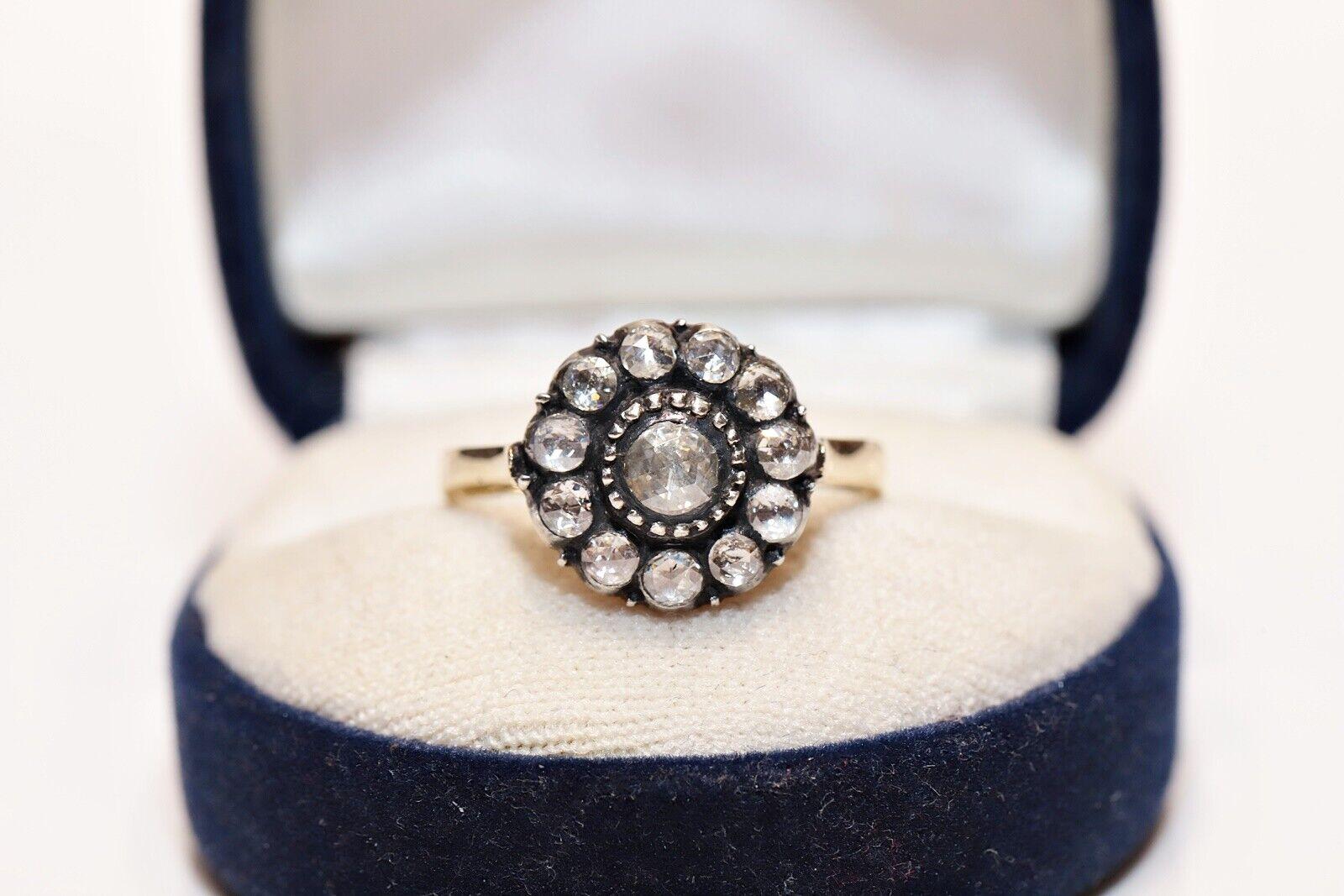 Vıntage Circa 1990s 14k Gold Top Silver Natural Rose Cut Diamond Decorated Ring For Sale 4