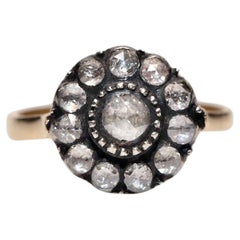 Vıntage Circa 1990s 14k Gold Top Silver Natural Rose Cut Diamond Decorated Ring