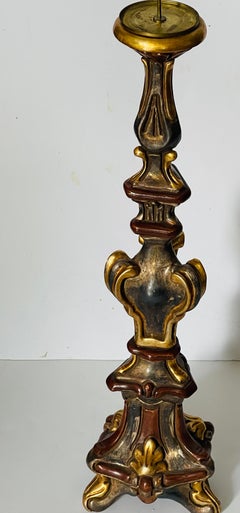 Vntage Italian Polychrome Wood Tall Pricket Candlestick