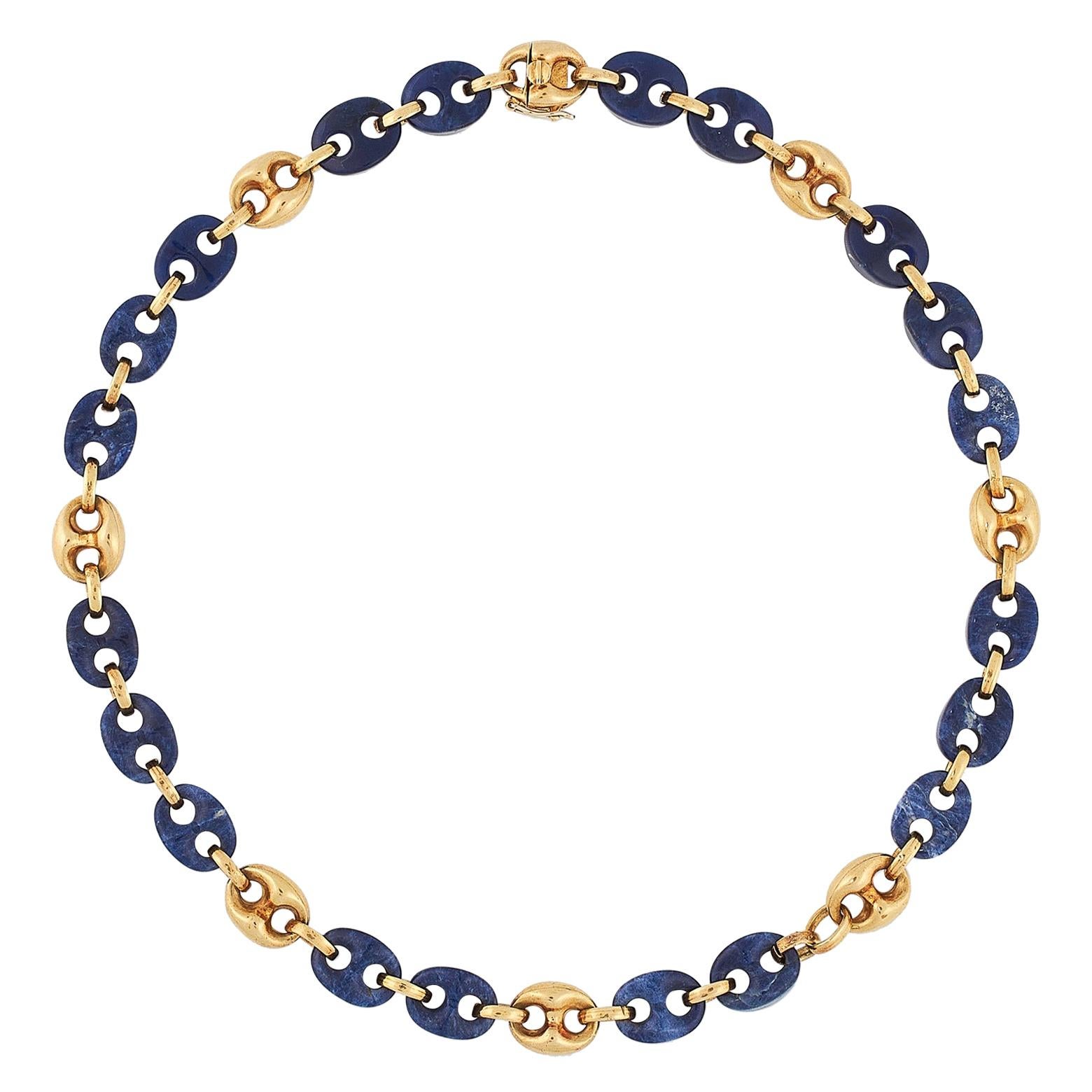 Vntage Sodalite and Gold Link Necklace For Sale