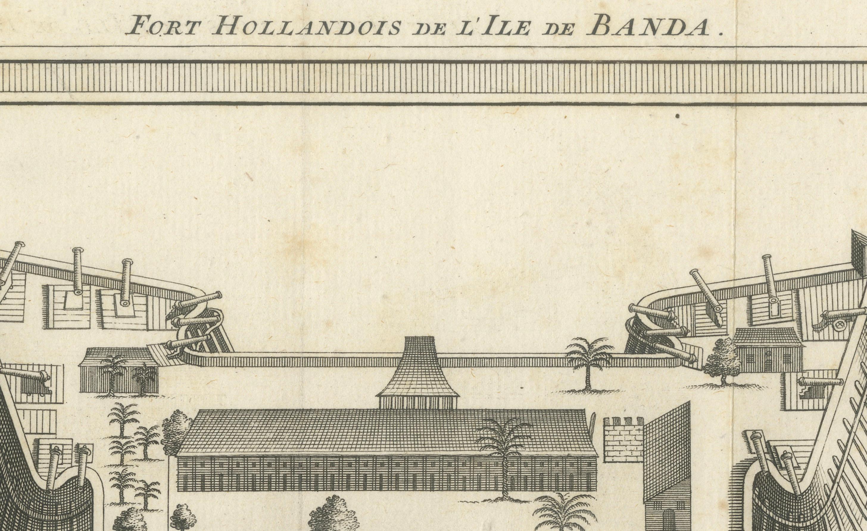 Fuerte Nassau en Banda, grabado a vista de pájaro de Van der Schley, c. 1735-1747

Este grabado del siglo XVIII, finamente detallado, presenta una vista de pájaro del Fuerte Nassau en Banda Neira, una de las islas Banda en las Molucas (actual