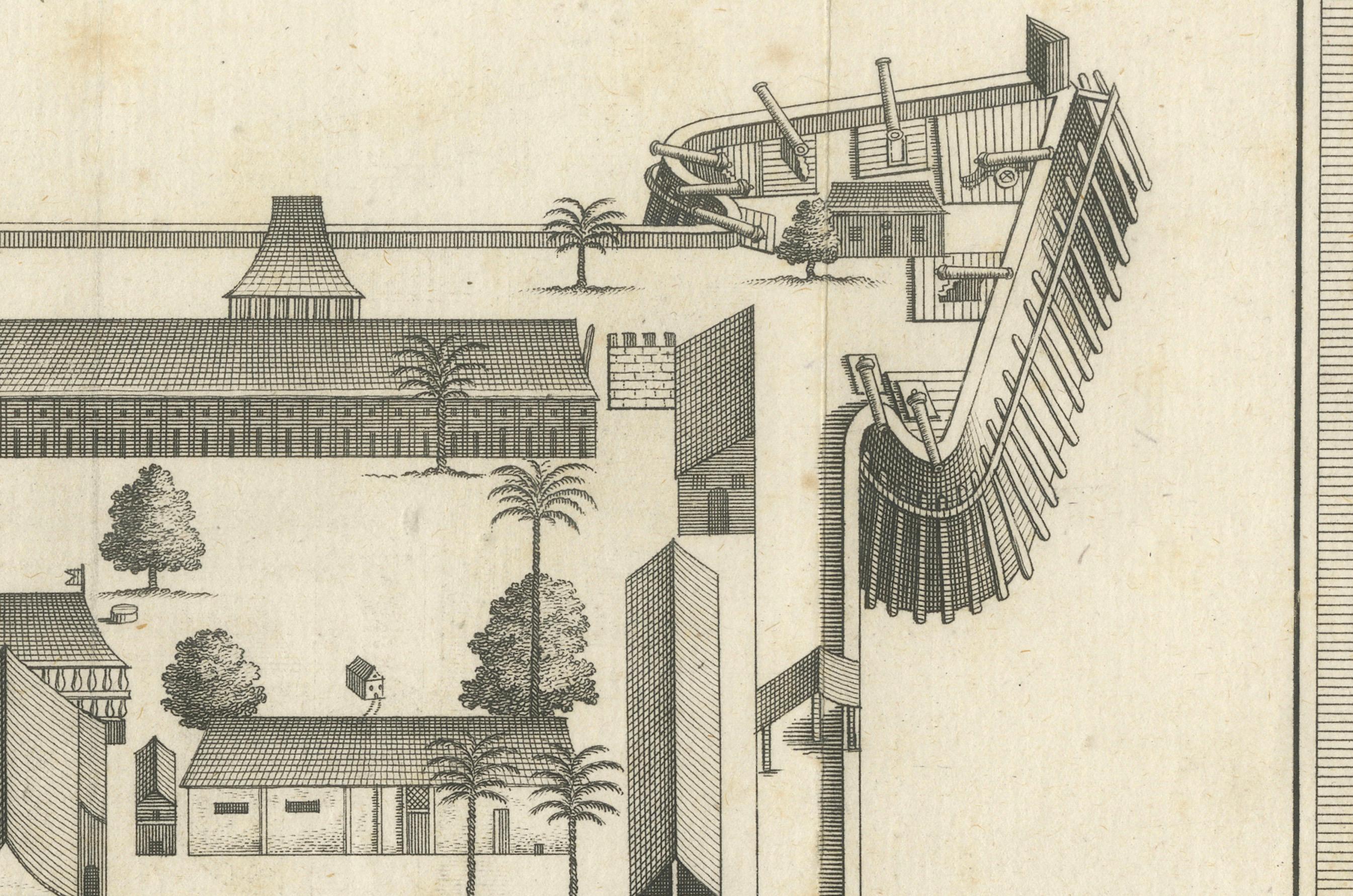 Fuerte Nassau de la VOC en Banda de las Islas de las Especias, grabado a vista de pájaro, c.1740 Grabado en venta