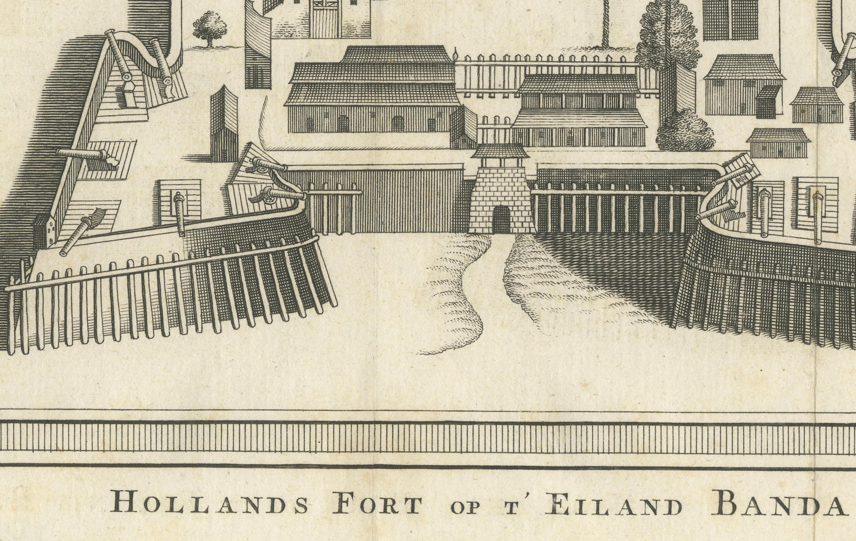 Fuerte Nassau de la VOC en Banda de las Islas de las Especias, grabado a vista de pájaro, c.1740 en Bueno estado para la venta en Langweer, NL