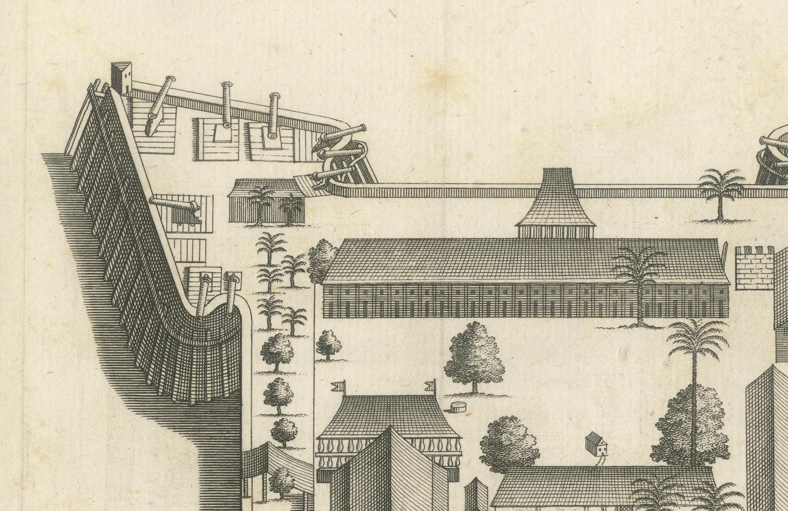 Fuerte Nassau de la VOC en Banda de las Islas de las Especias, grabado a vista de pájaro, c.1740 mediados del siglo XVIII en venta