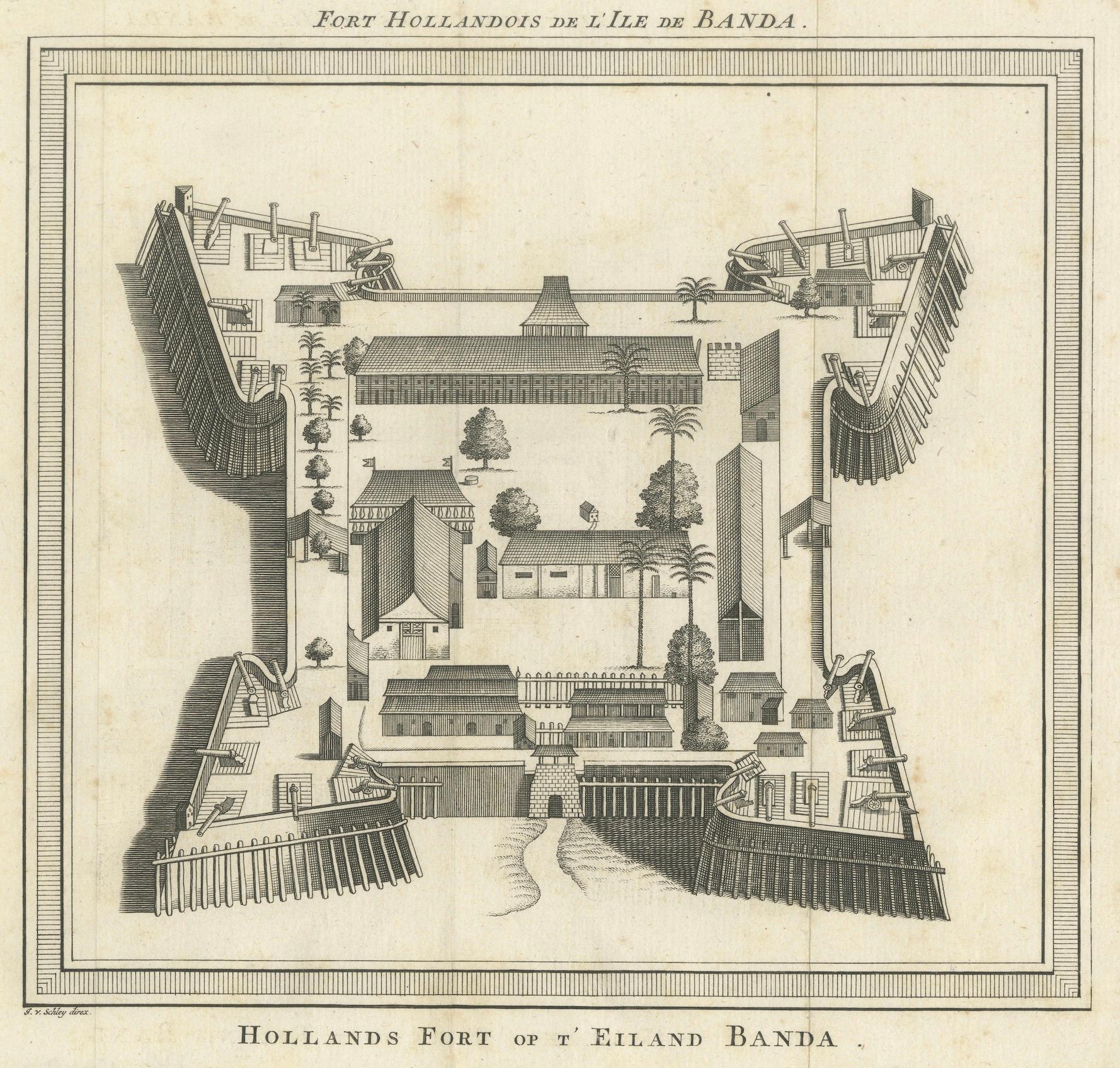 Fuerte Nassau de la VOC en Banda de las Islas de las Especias, grabado a vista de pájaro, c.1740 Papel en venta