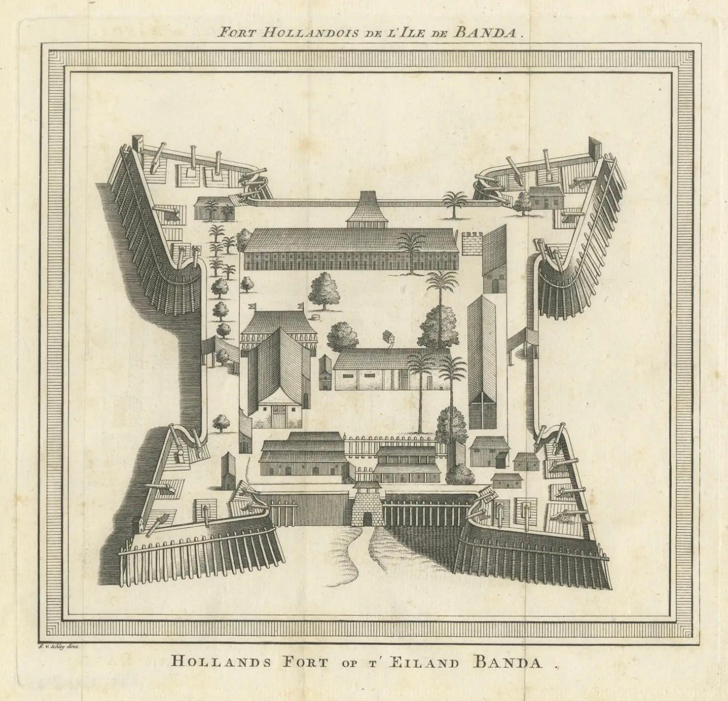 Fuerte Nassau de la VOC en Banda de las Islas de las Especias, grabado a vista de pájaro, c.1740 en venta 1